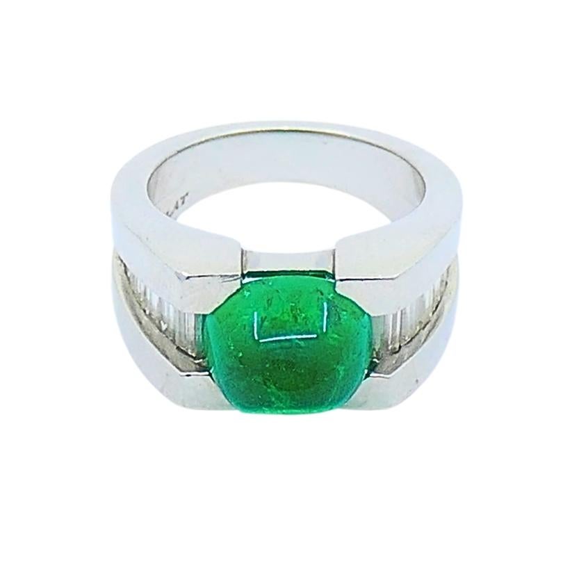 Cabochon Platinum Ring Emerald Diamond Vintage Jewelry For Sale