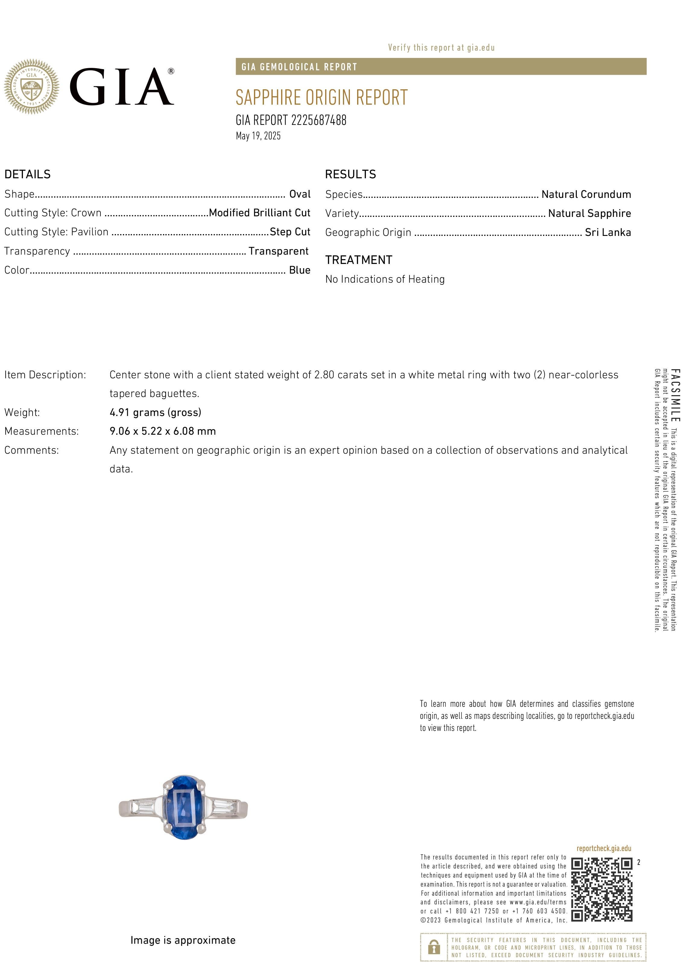 Timeless elegance meets exceptional rarity in this exquisite Platinum Ring, showcasing a vivid 2.80 carat natural sapphire from Sri Lanka (Ceylon), certified by GIA as untreated with no indications of heating. Flanked by two perfectly matched