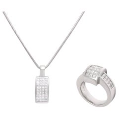 Platinum Ring & Matching Necklace/Pendant, Princess cut Invisible Set Diamonds