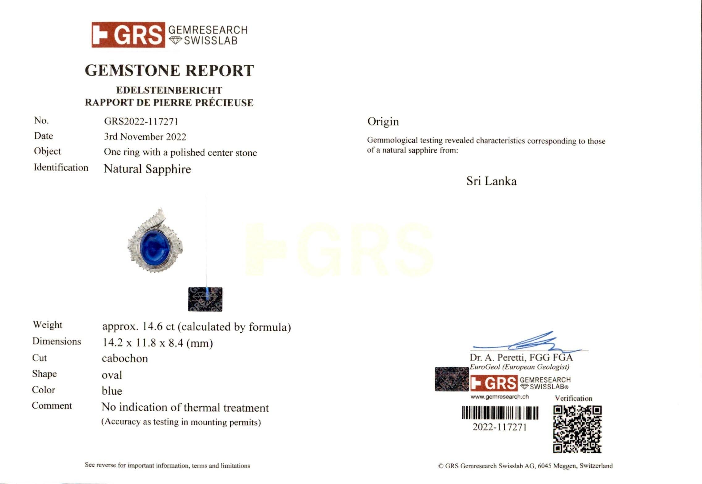 Platinum Ring NH Ceylon 14.6 ct. Sapphire & 3.15ct. Diam. GRS Certified, Estate For Sale 14