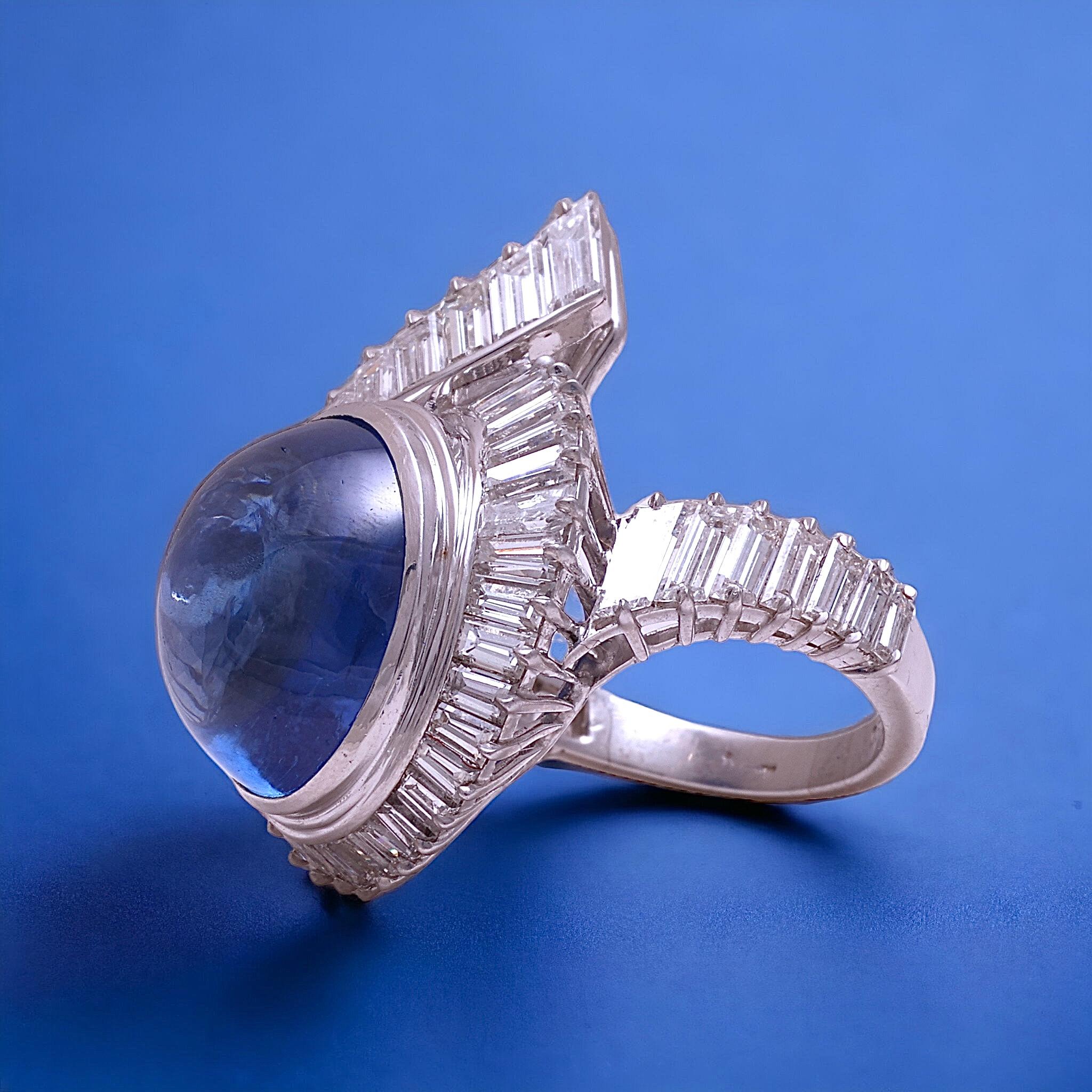 Cabochon Platinum Ring NH Ceylon 14.6 ct. Sapphire & 3.15ct. Diam. GRS Certified, Estate For Sale