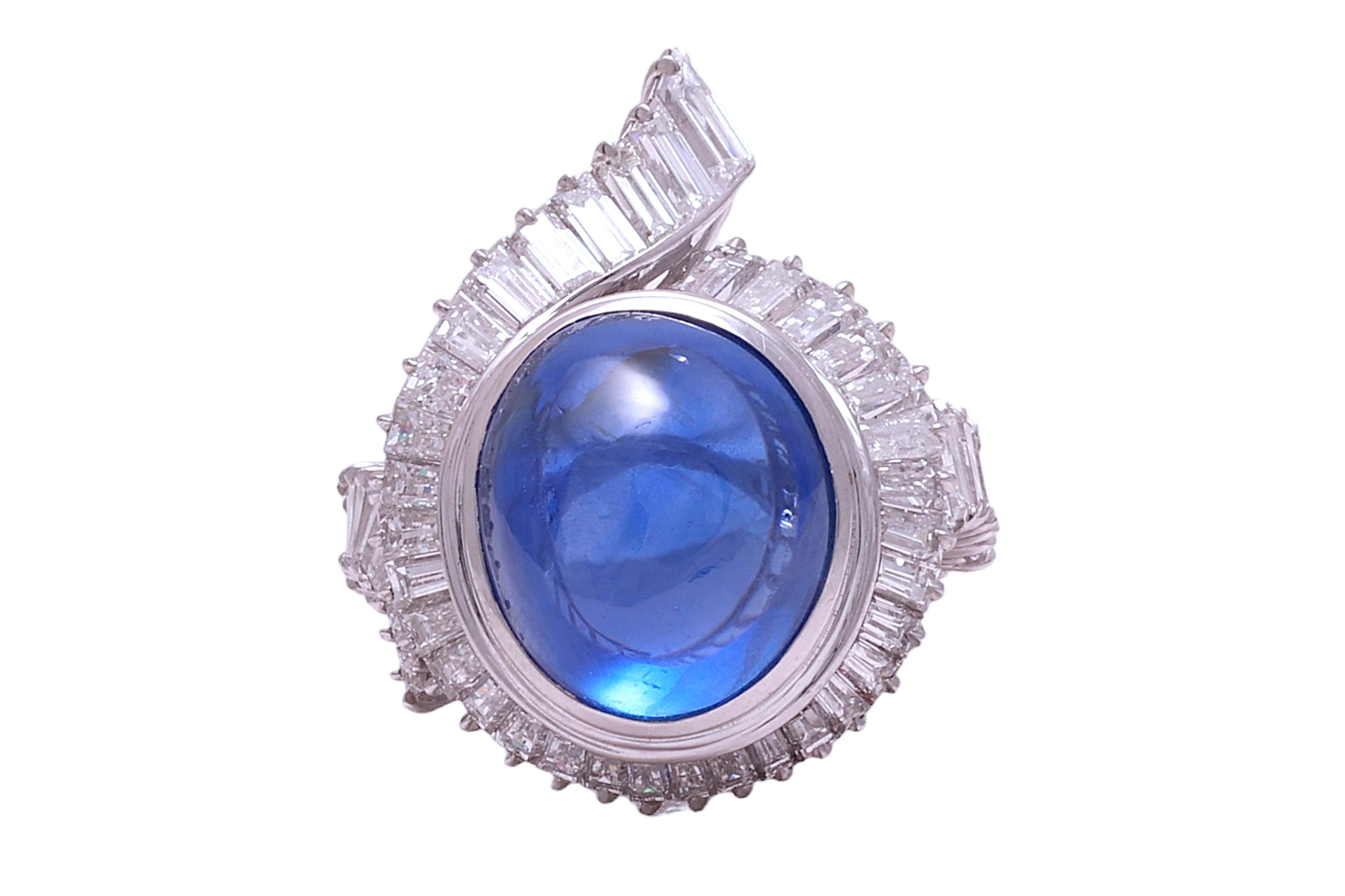 Platinum Ring NH Ceylon 14.6 ct. Sapphire & 3.15ct. Diam. GRS Certified, Estate In Excellent Condition For Sale In Antwerp, BE