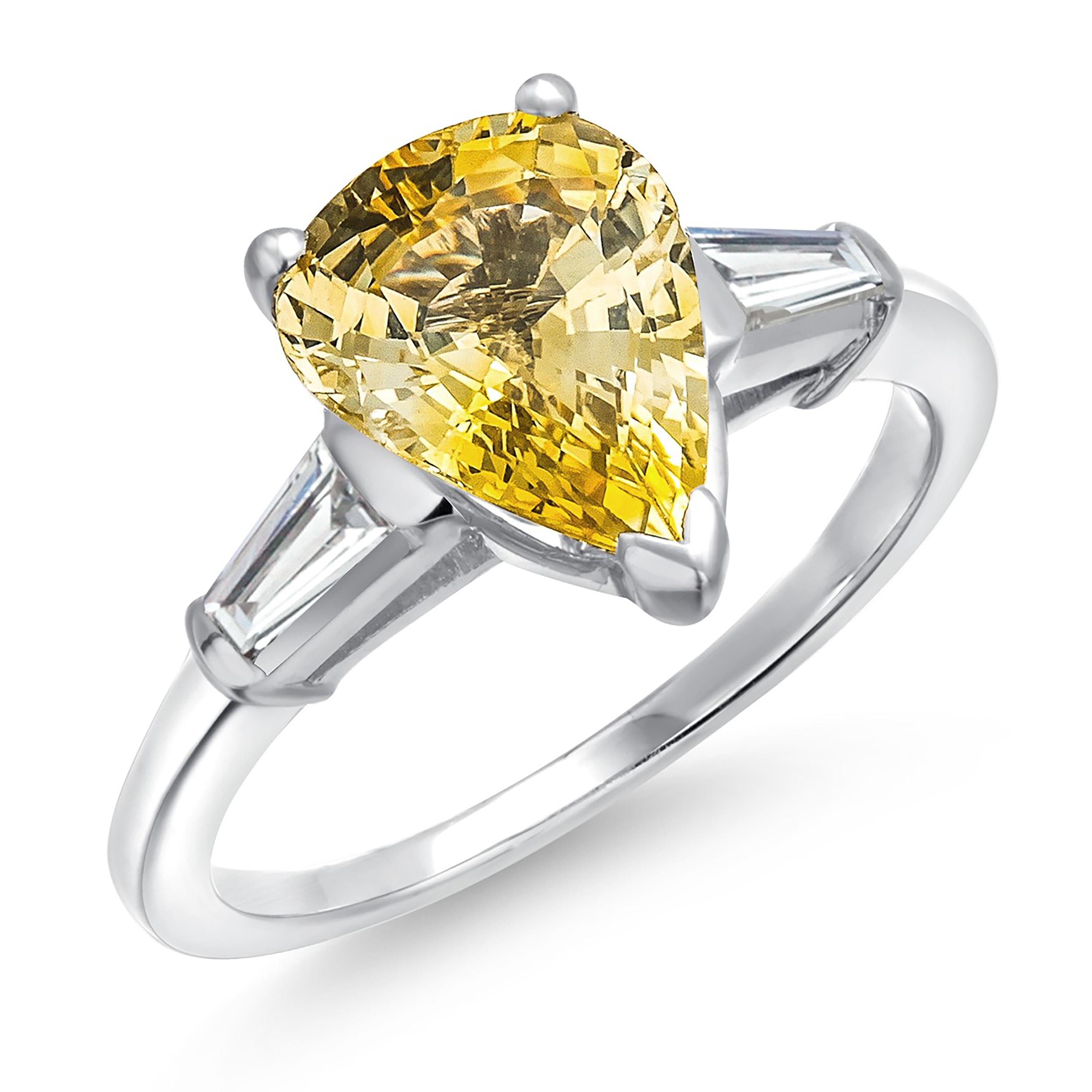 Platinum Ring Pear Yellow Ceylon Sapphire Tapered Baguette Diamond 2.65 Carat In New Condition For Sale In New York, NY