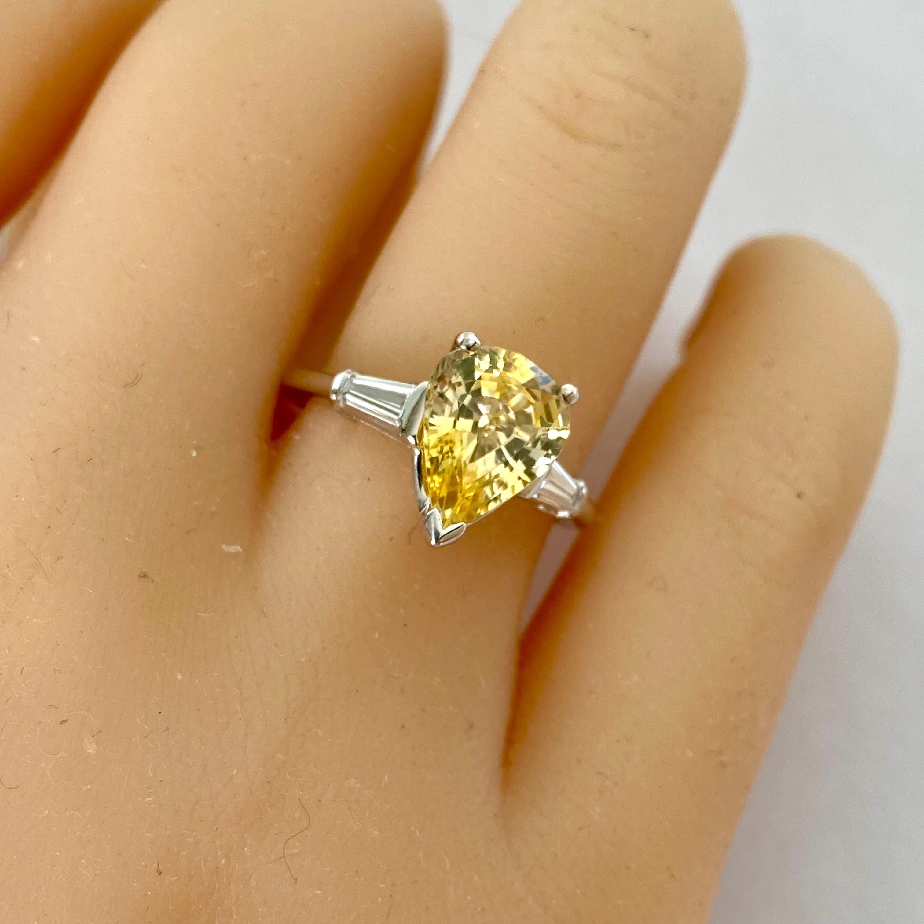 Women's Platinum Ring Pear Yellow Ceylon Sapphire Tapered Baguette Diamond 2.65 Carat For Sale