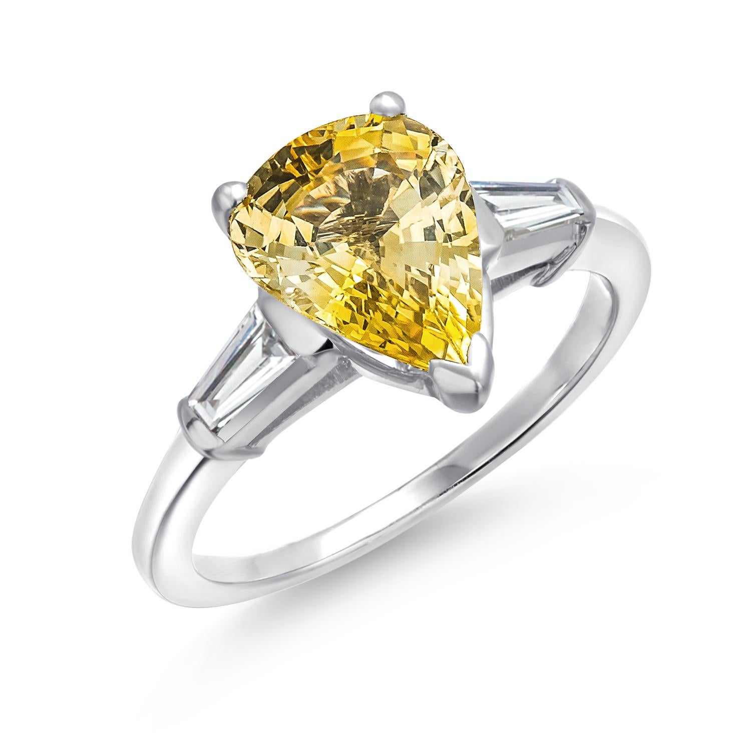 Platin Ring Birnengelber Ceylon Saphir spitz zulaufender Baguette-Diamant 2,65 Karat im Angebot 1