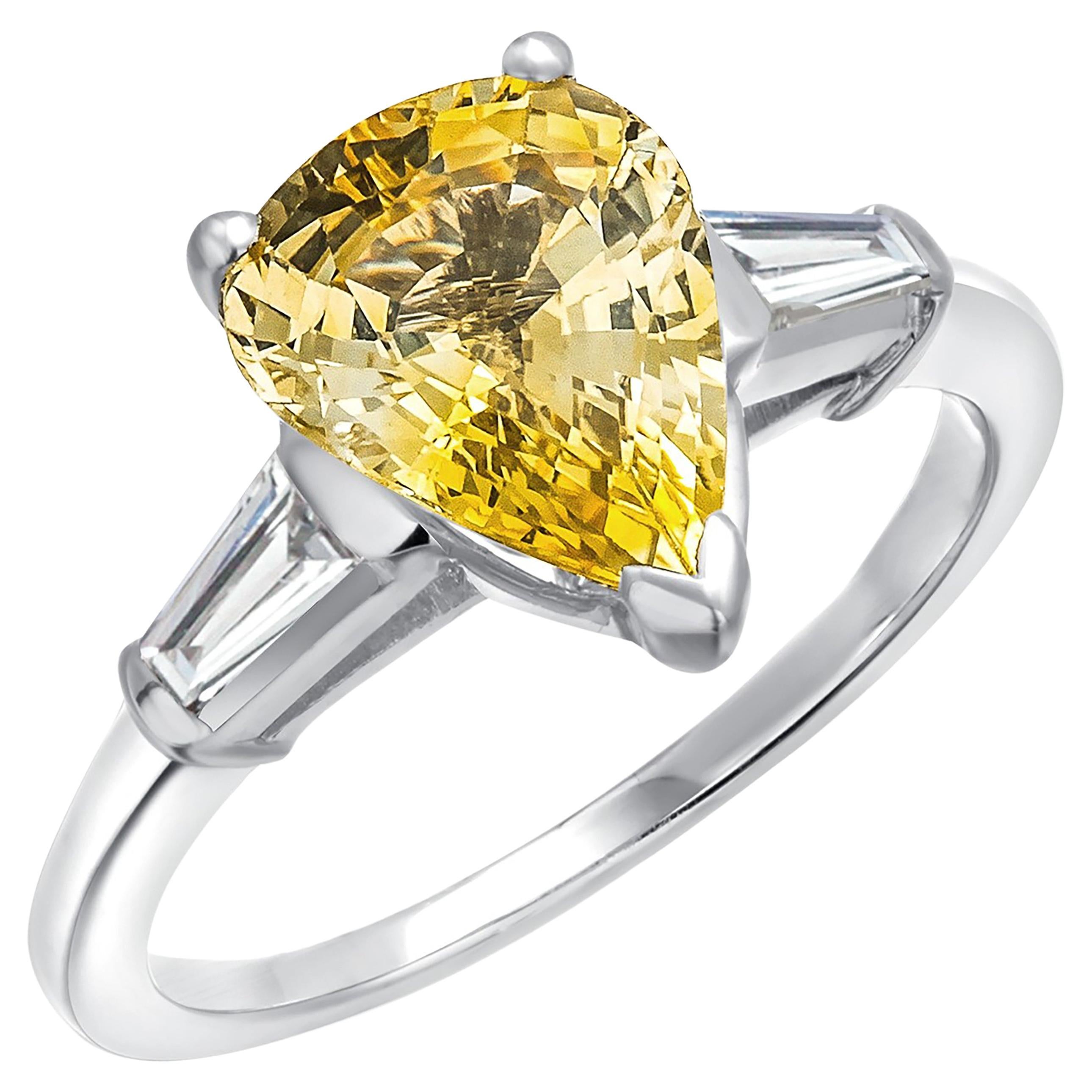 Platinum Ring Pear Yellow Ceylon Sapphire Tapered Baguette Diamond 2.65 Carat For Sale