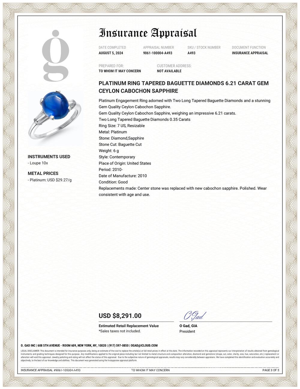 Contemporary Platinum Ring Tapered Baguette Diamonds 6.21 Carat Gem Ceylon Cabochon Sapphire For Sale