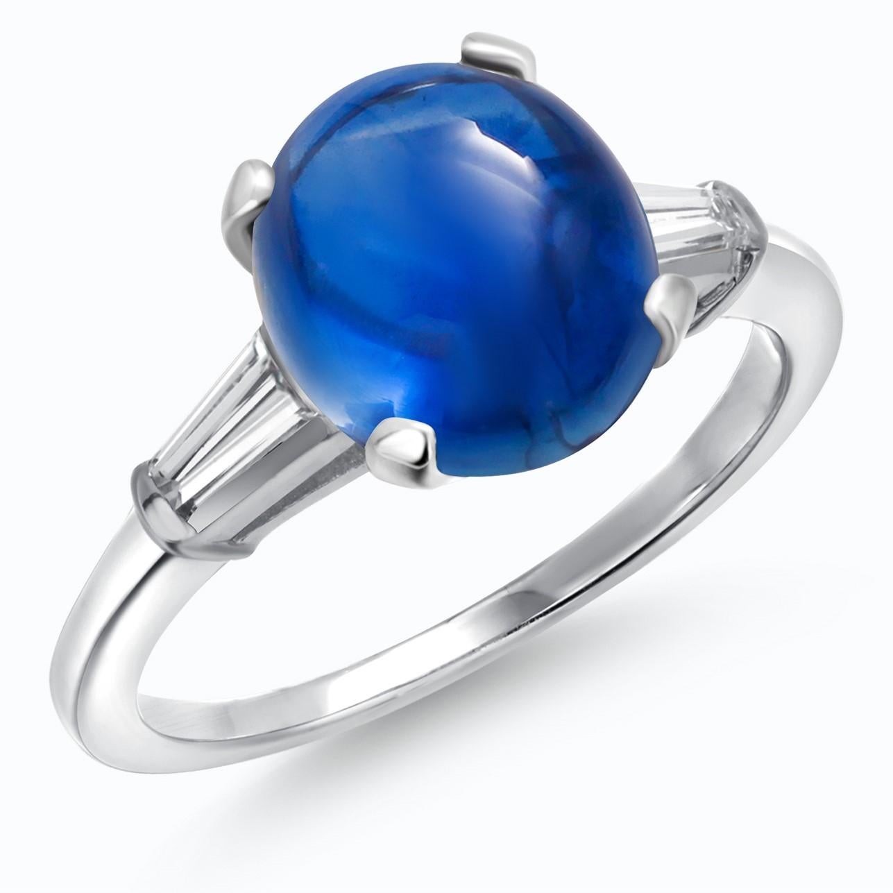 Women's Platinum Ring Tapered Baguette Diamonds 6.21 Carat Gem Ceylon Cabochon Sapphire For Sale