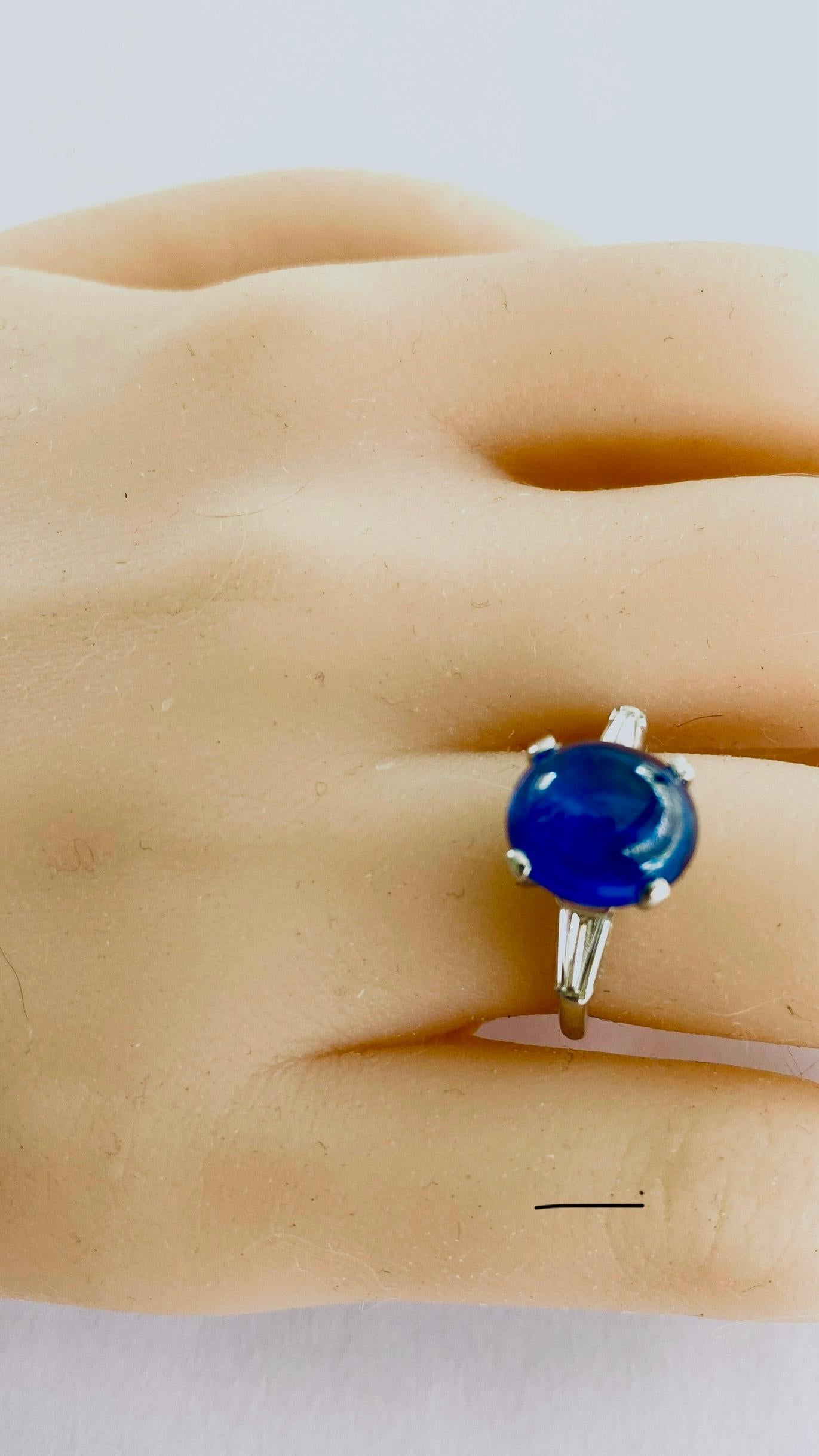 Platinum Ring Tapered Baguette Diamonds 6.21 Carat Gem Ceylon Cabochon Sapphire For Sale 1