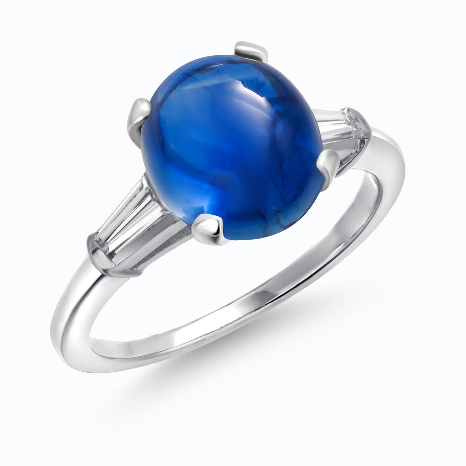 Platinum Ring Tapered Baguette Diamonds 6.21 Carat Gem Ceylon Cabochon Sapphire For Sale 2