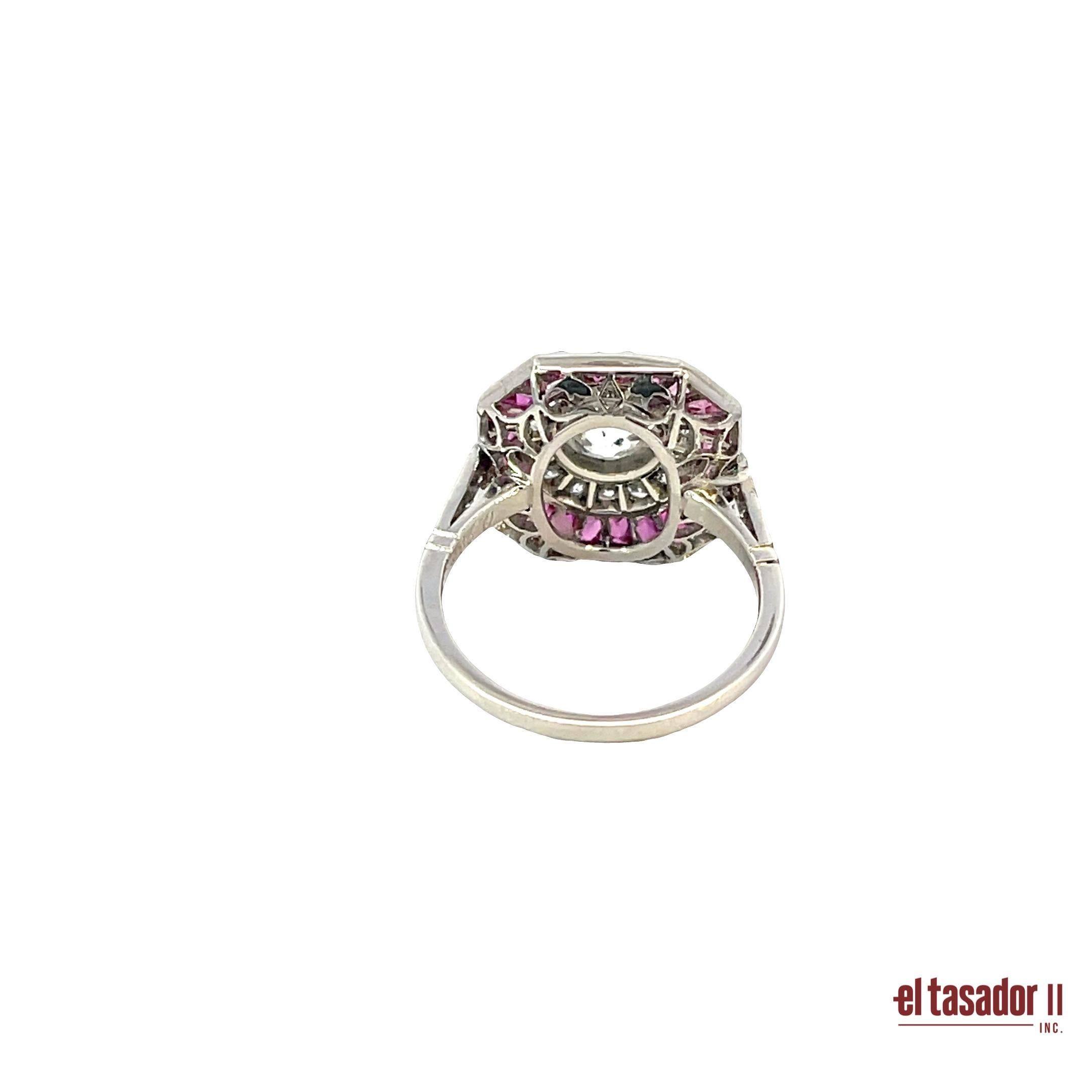 Taglio brillante Anello in platino con diamante taglio Brilliante 0,98ct, accenti di diamanti e rubini in vendita