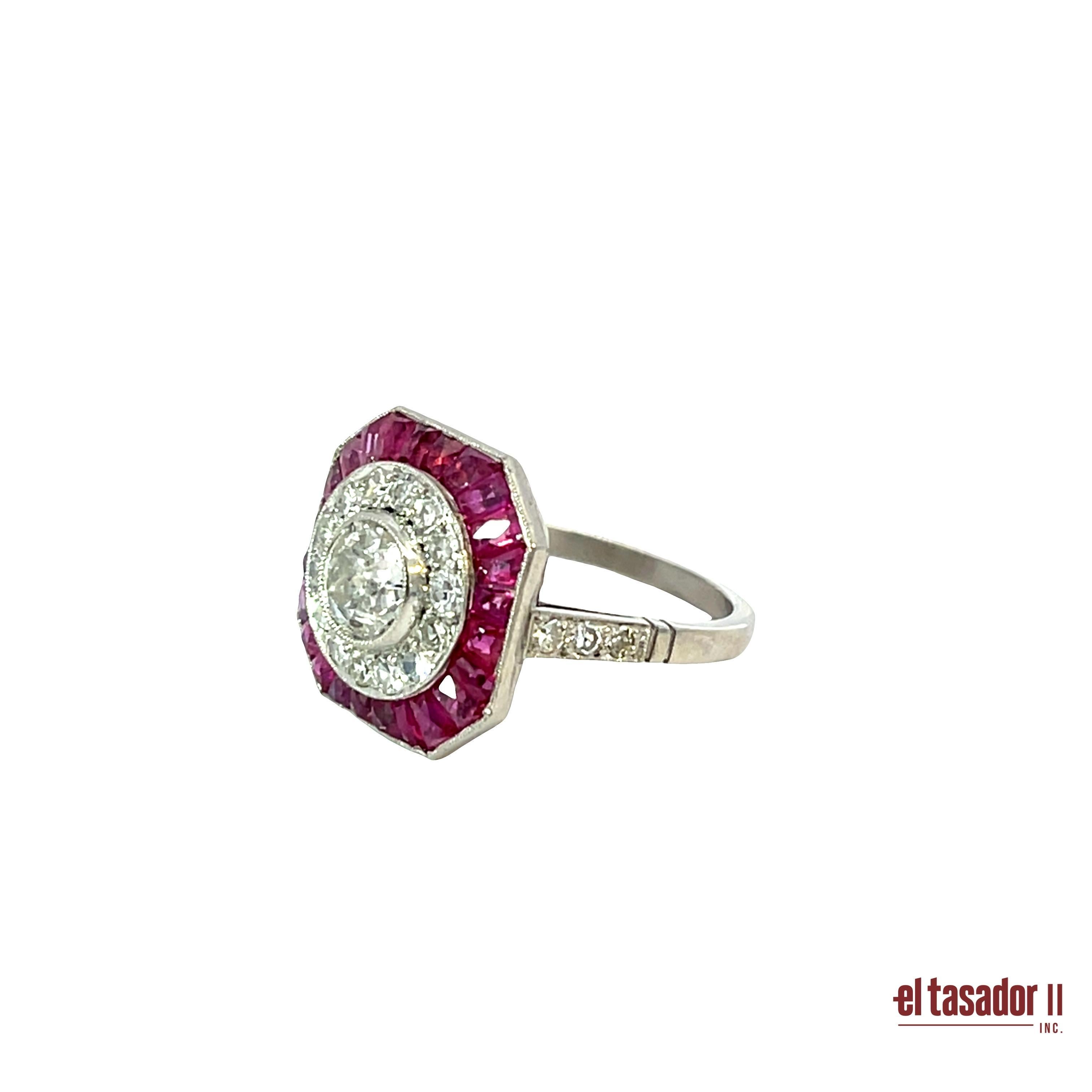 Donna Anello in platino con diamante taglio Brilliante 0,98ct, accenti di diamanti e rubini in vendita