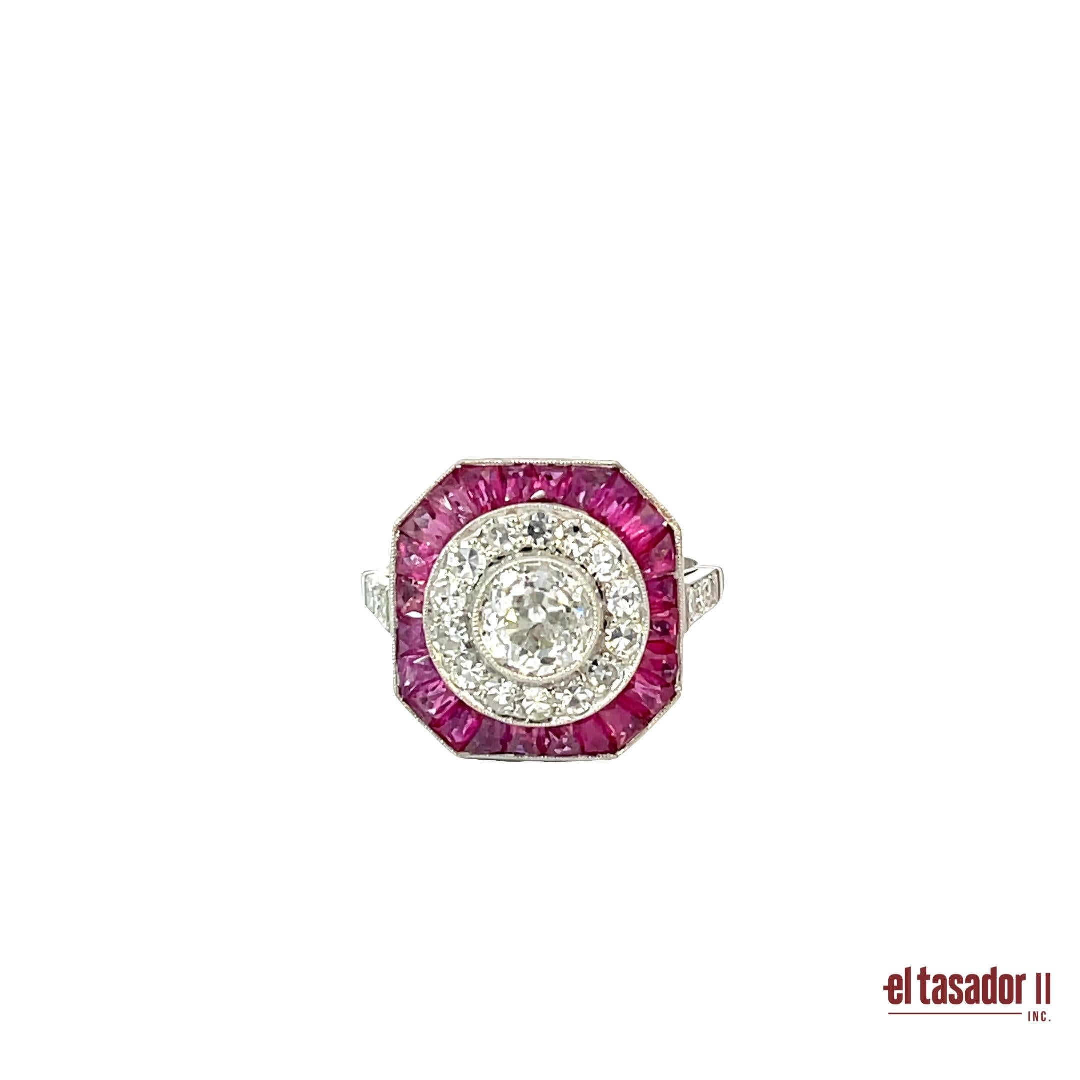 Anello in platino con diamante taglio Brilliante 0,98ct, accenti di diamanti e rubini in vendita 1