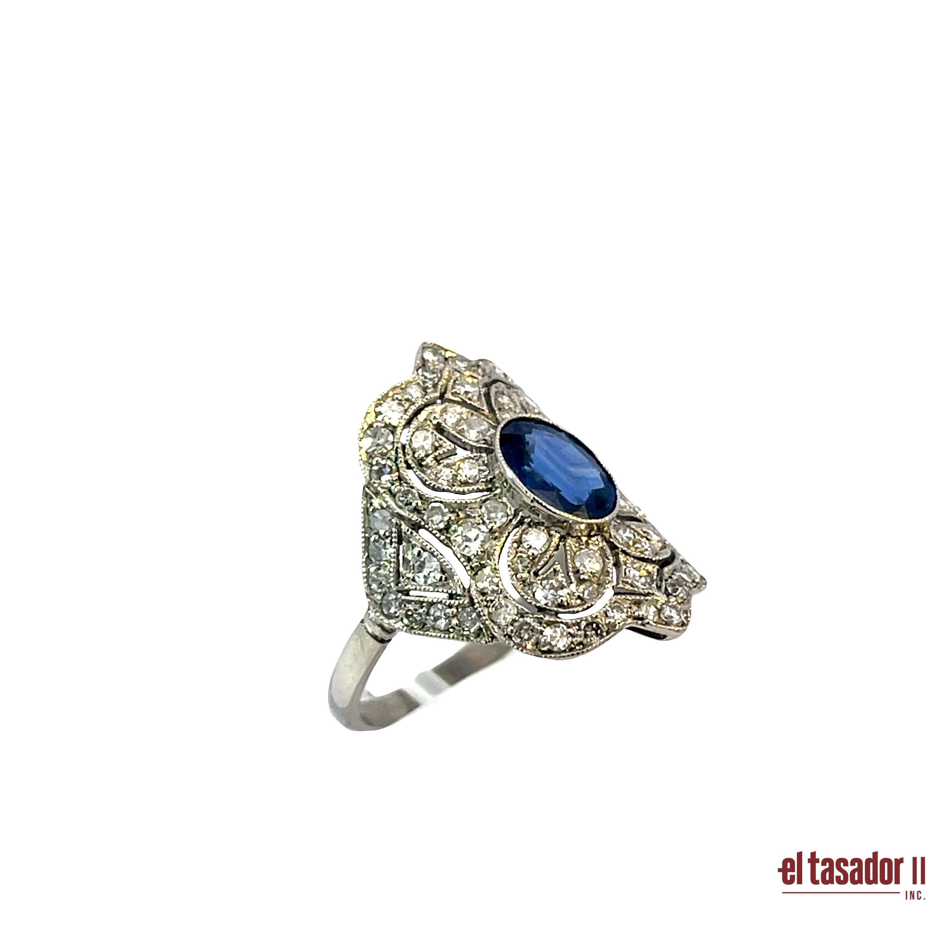 Art déco Bague en platine avec saphir de 1,40 ct et diamants en vente