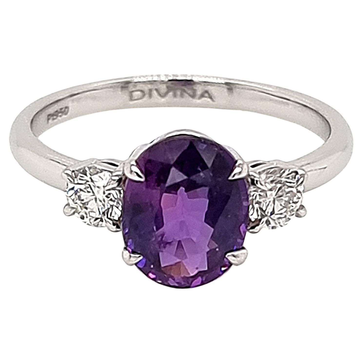 Platinum Ring with 15 Pointer Diamonds and Oval Purple Sri Lankan Sapphire