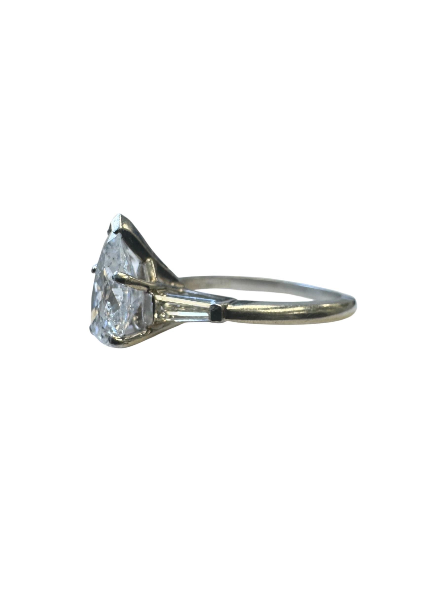Platinum Ring with 1.60 Carat Pear-Shaped Diamond and Baguette Accents For Sale 1