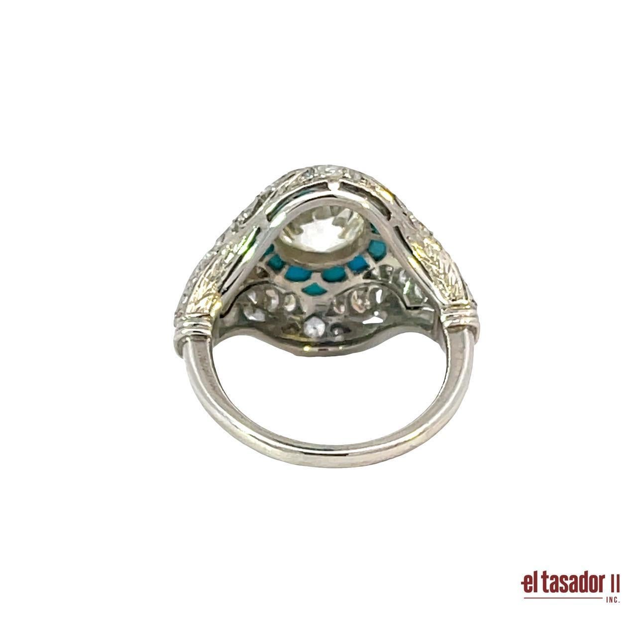 Platinring mit 2,07ct Diamant und Naturtürkis im floralen Design (Art déco) im Angebot