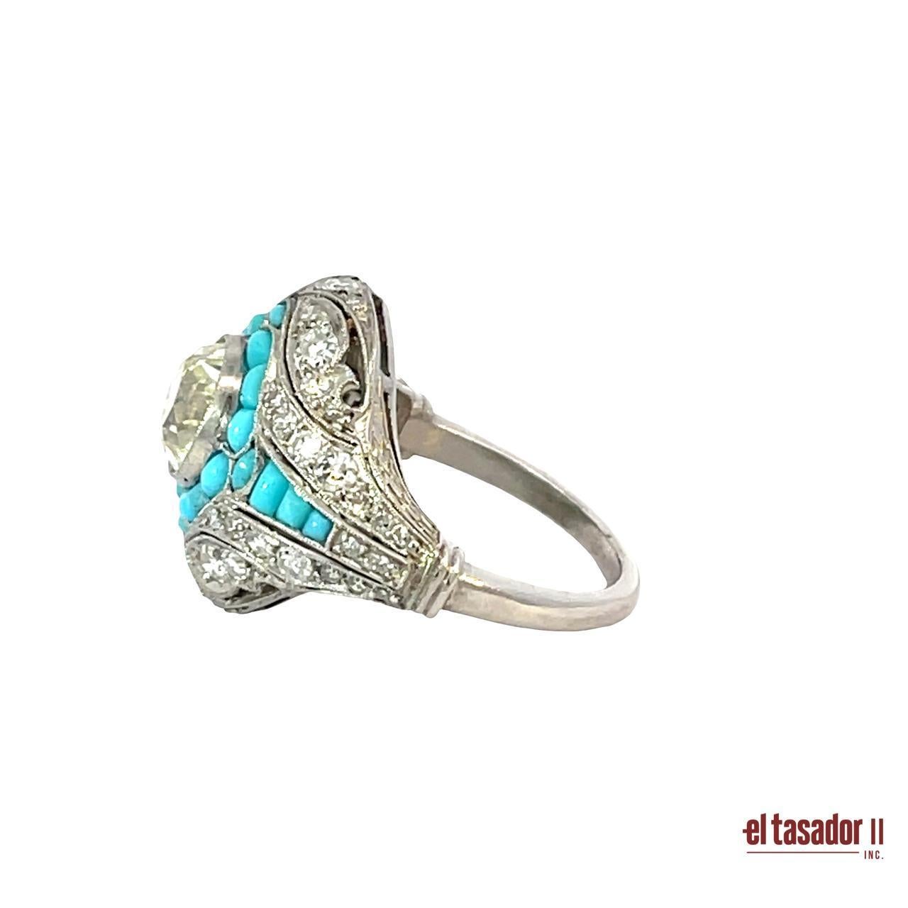 Platinring mit 2,07ct Diamant und Naturtürkis im floralen Design (Brillantschliff) im Angebot