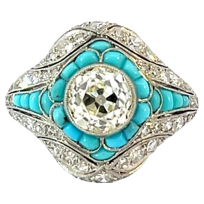 Platinring mit 2,07ct Diamant und Naturtürkis im floralen Design
