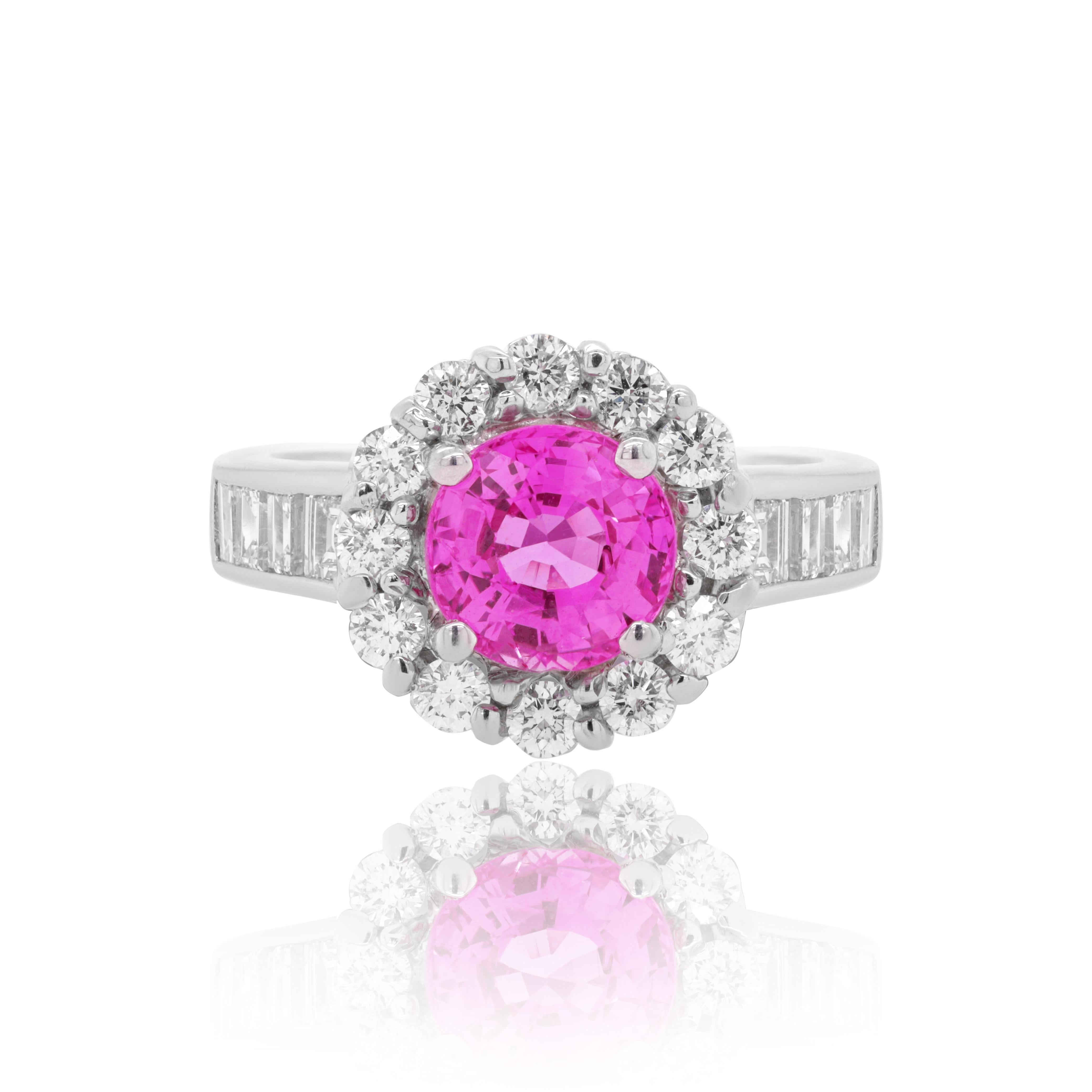 Round Cut Platinum Ring with 2.24 Round Pink Sapphire Center and Round Diamonds For Sale