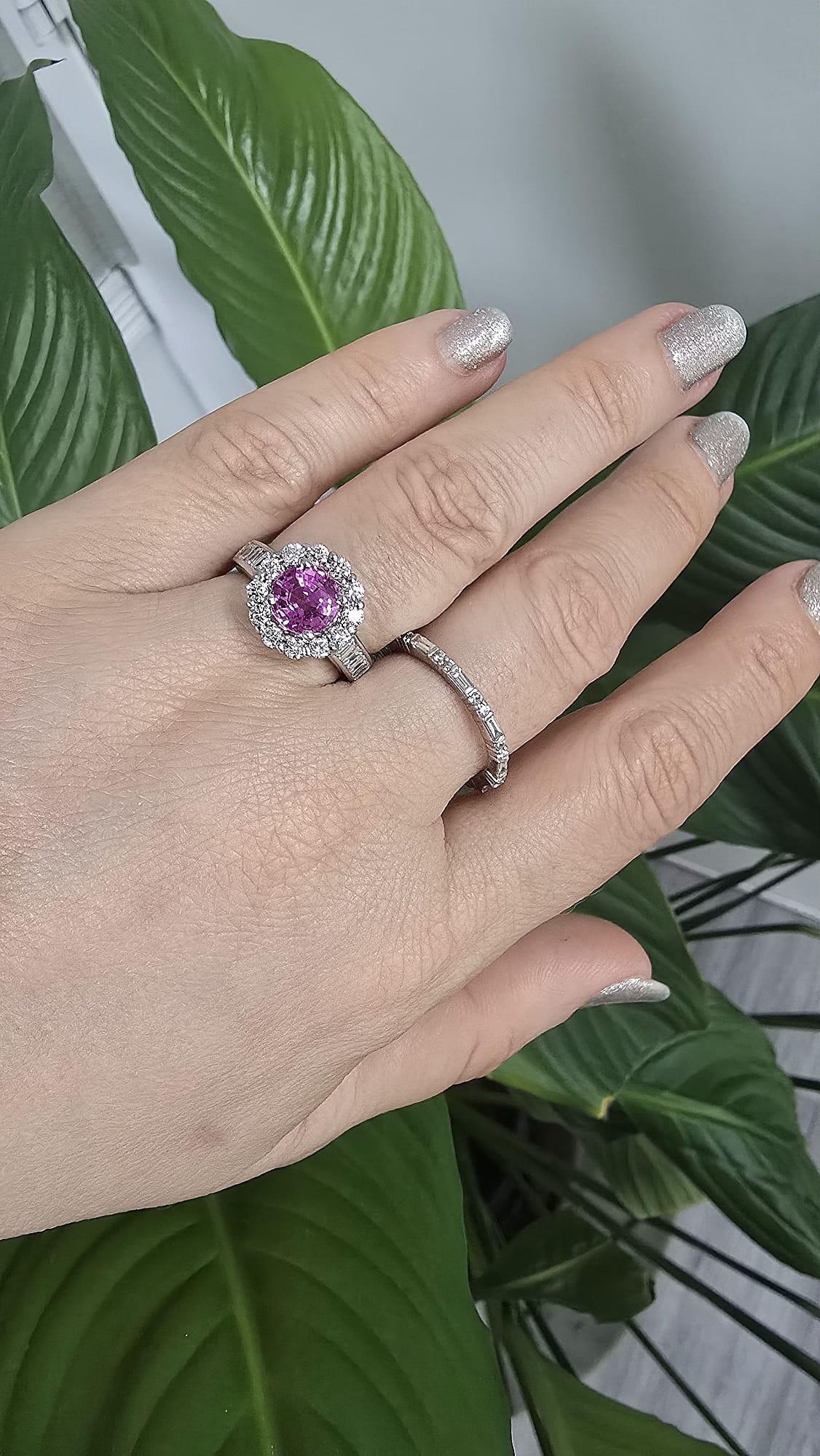 Women's Platinum Ring with 2.24 Round Pink Sapphire Center and Round Diamonds For Sale