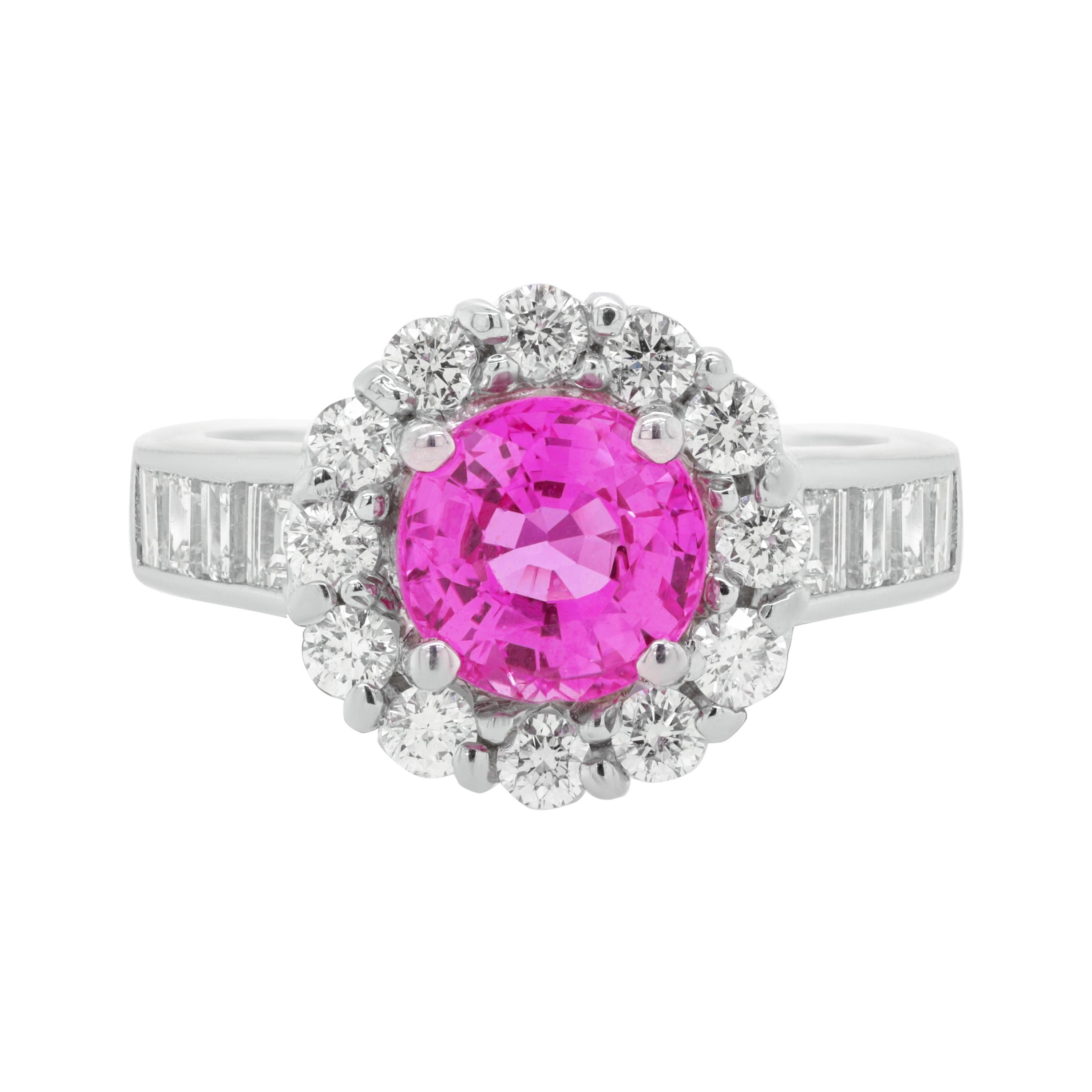Platinum Ring with 2.24 Round Pink Sapphire Center and Round Diamonds For Sale