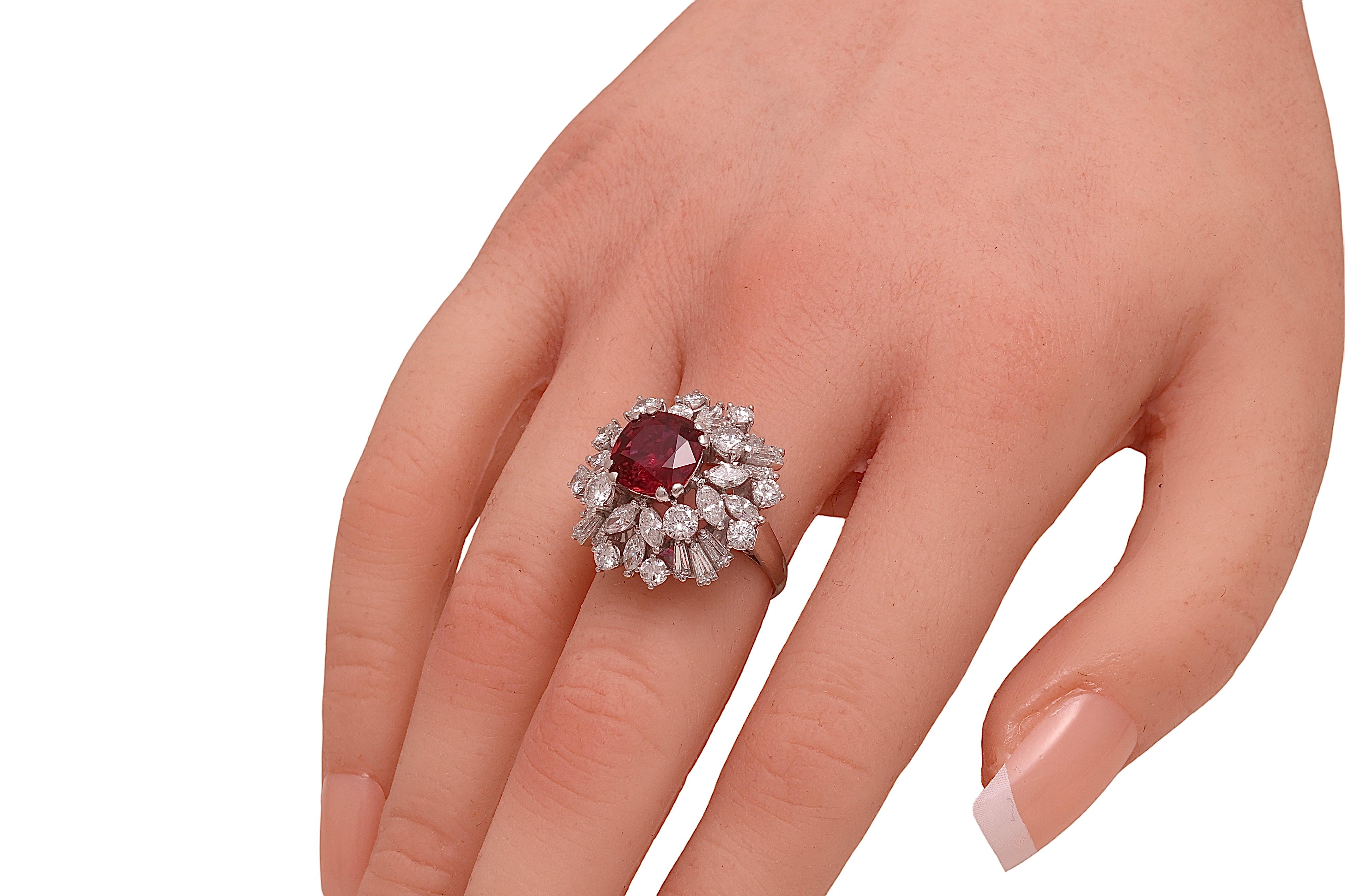 Platinum Ring with 3 ct. Vivid Red Ruby & 3.26 ct. Diamonds For Sale 4
