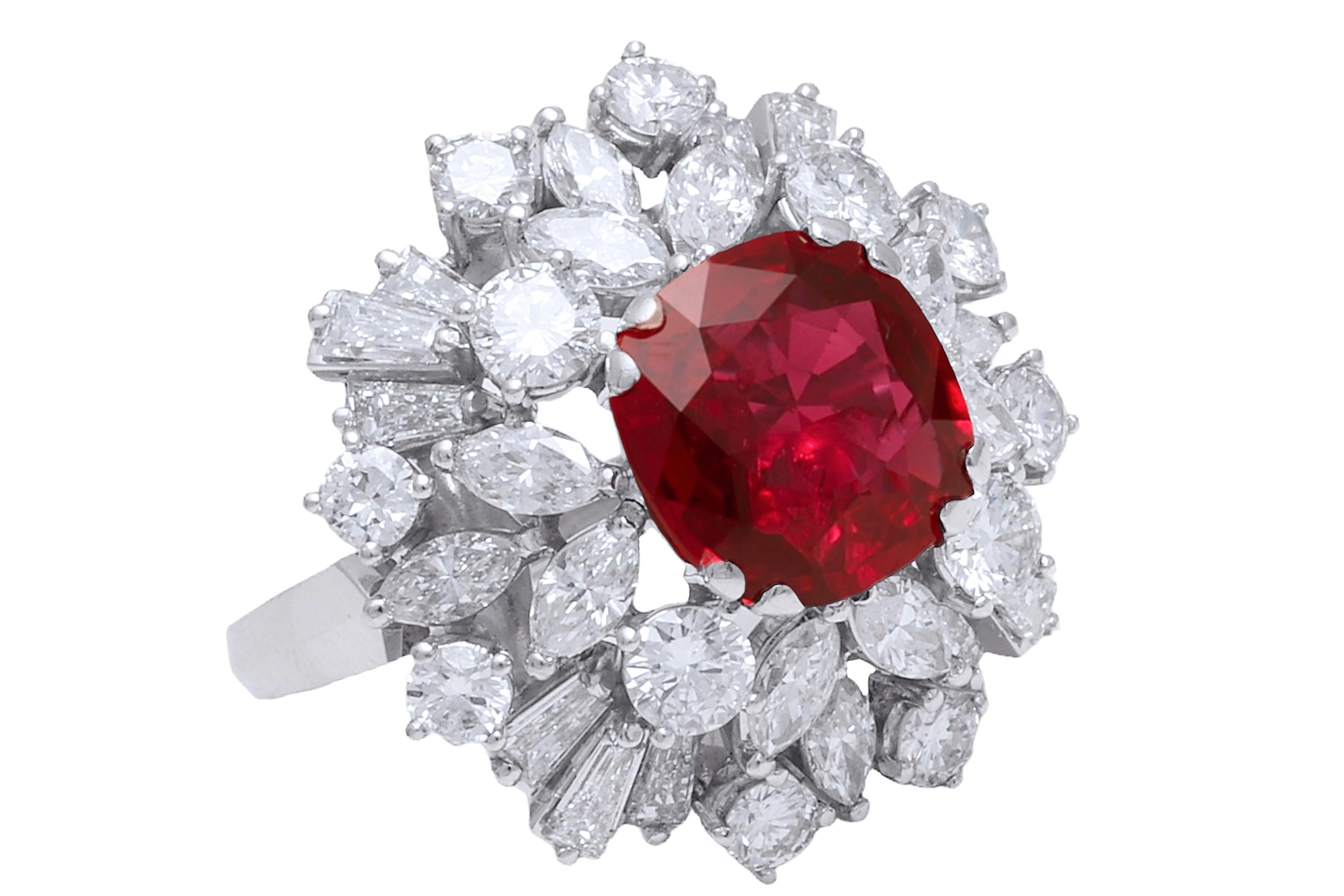 Artisan Platinum Ring with 3 ct. Vivid Red Ruby & 3.26 ct. Diamonds For Sale