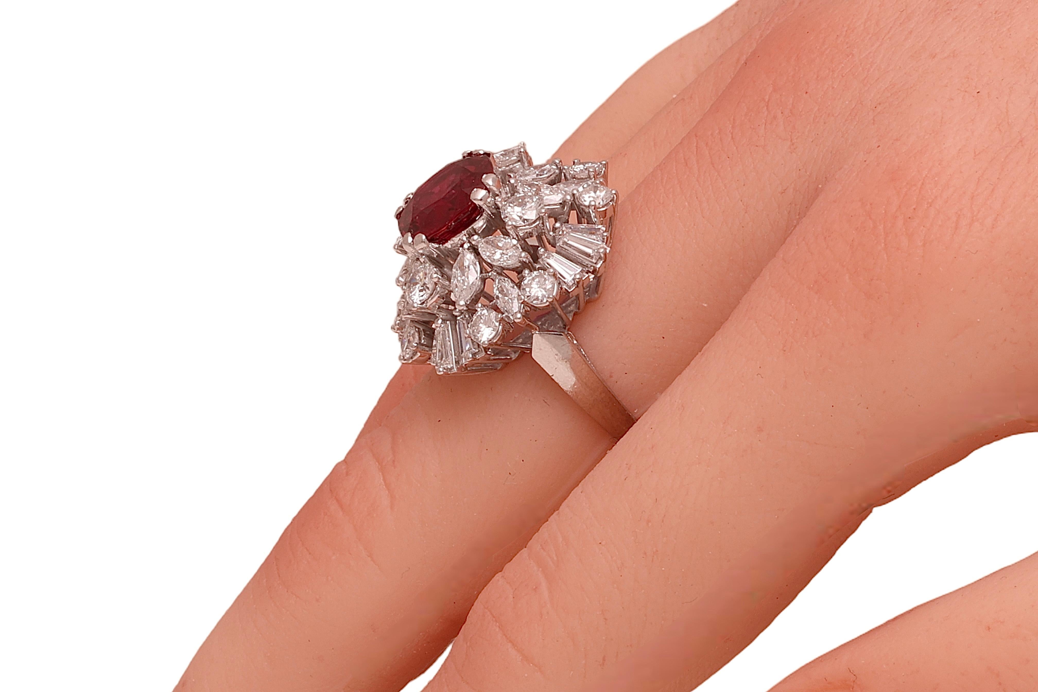 Platinum Ring with 3 ct. Vivid Red Ruby & 3.26 ct. Diamonds For Sale 2