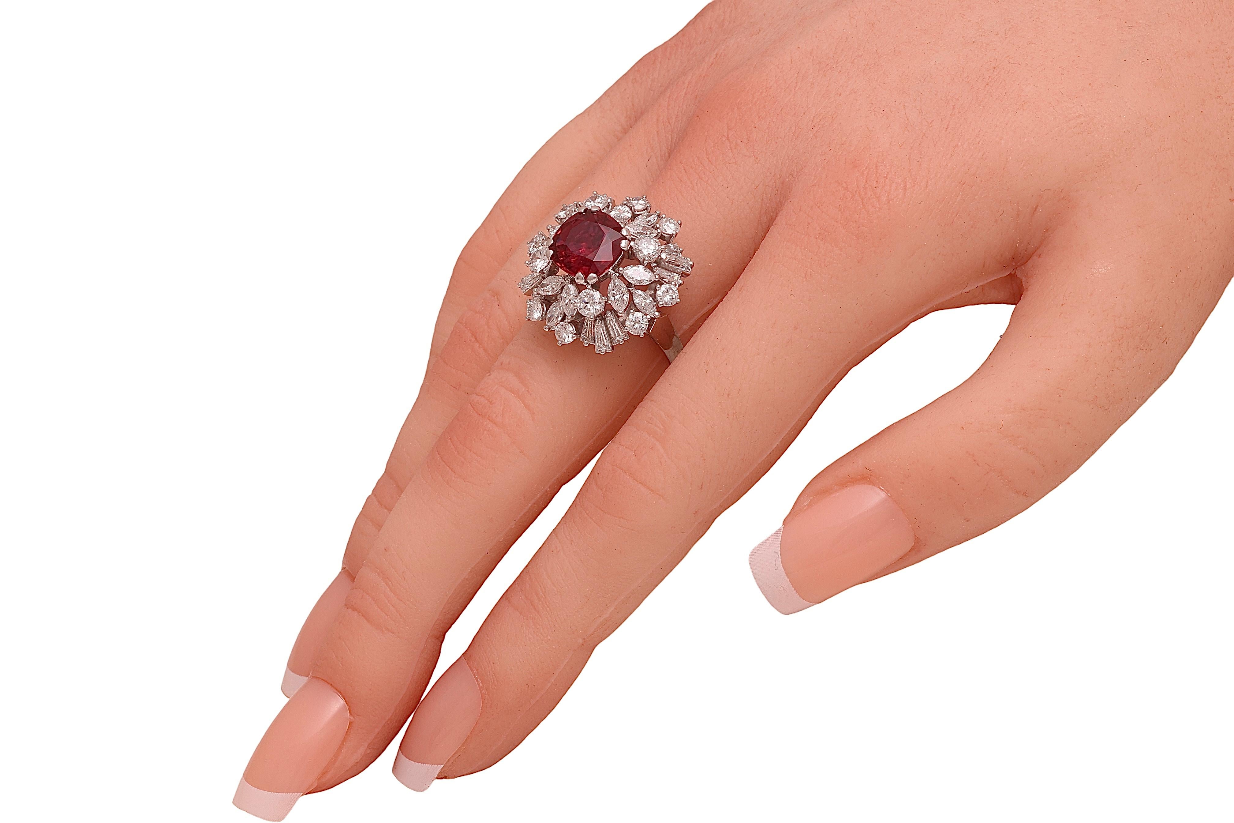 Platinum Ring with 3 ct. Vivid Red Ruby & 3.26 ct. Diamonds For Sale 3