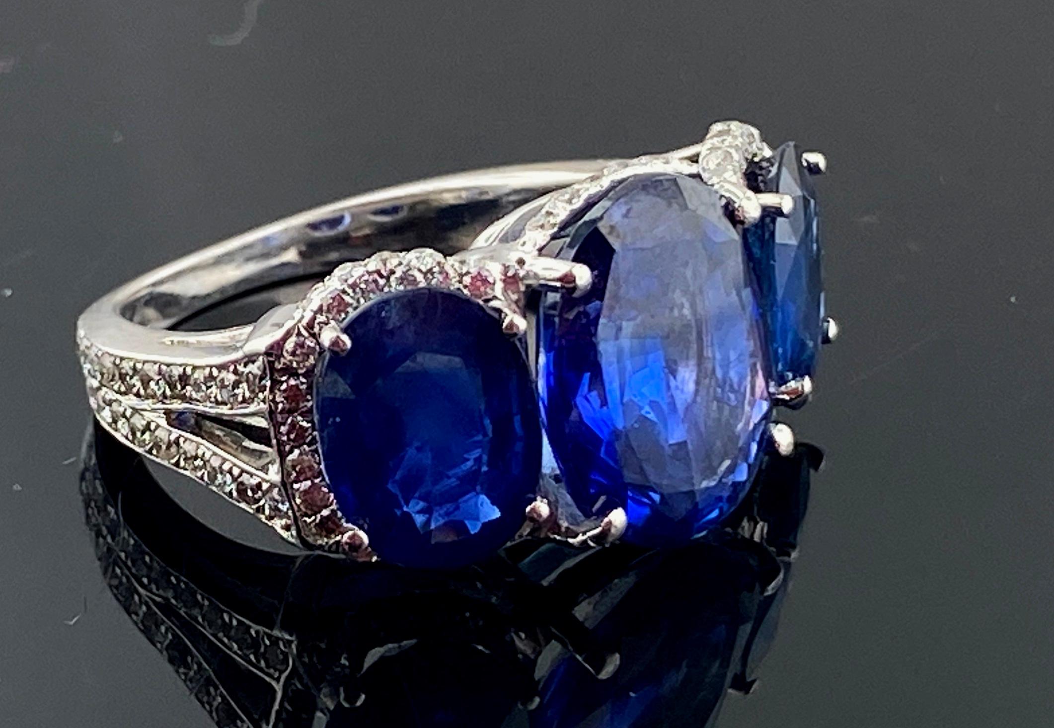 Platinum Ring with 3 Large Oval Cut Blue Sapphires and Diamonds 6