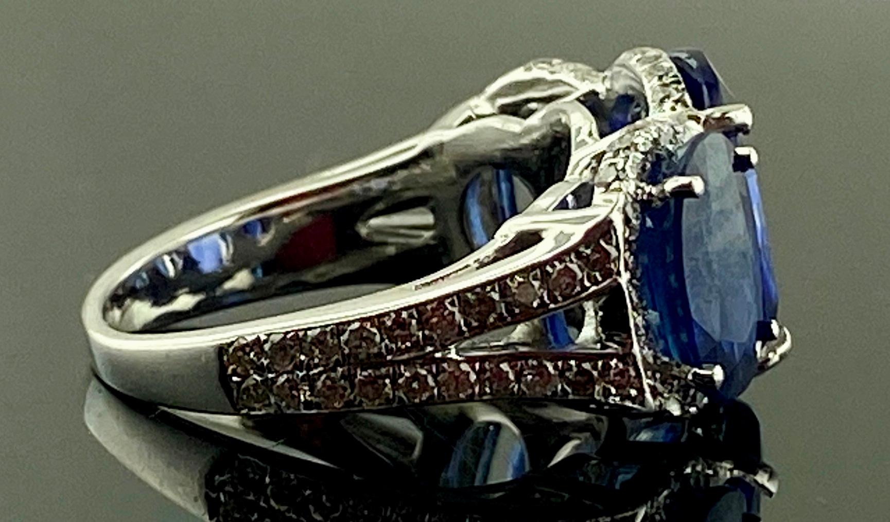 Platinum Ring with 3 Large Oval Cut Blue Sapphires and Diamonds 7