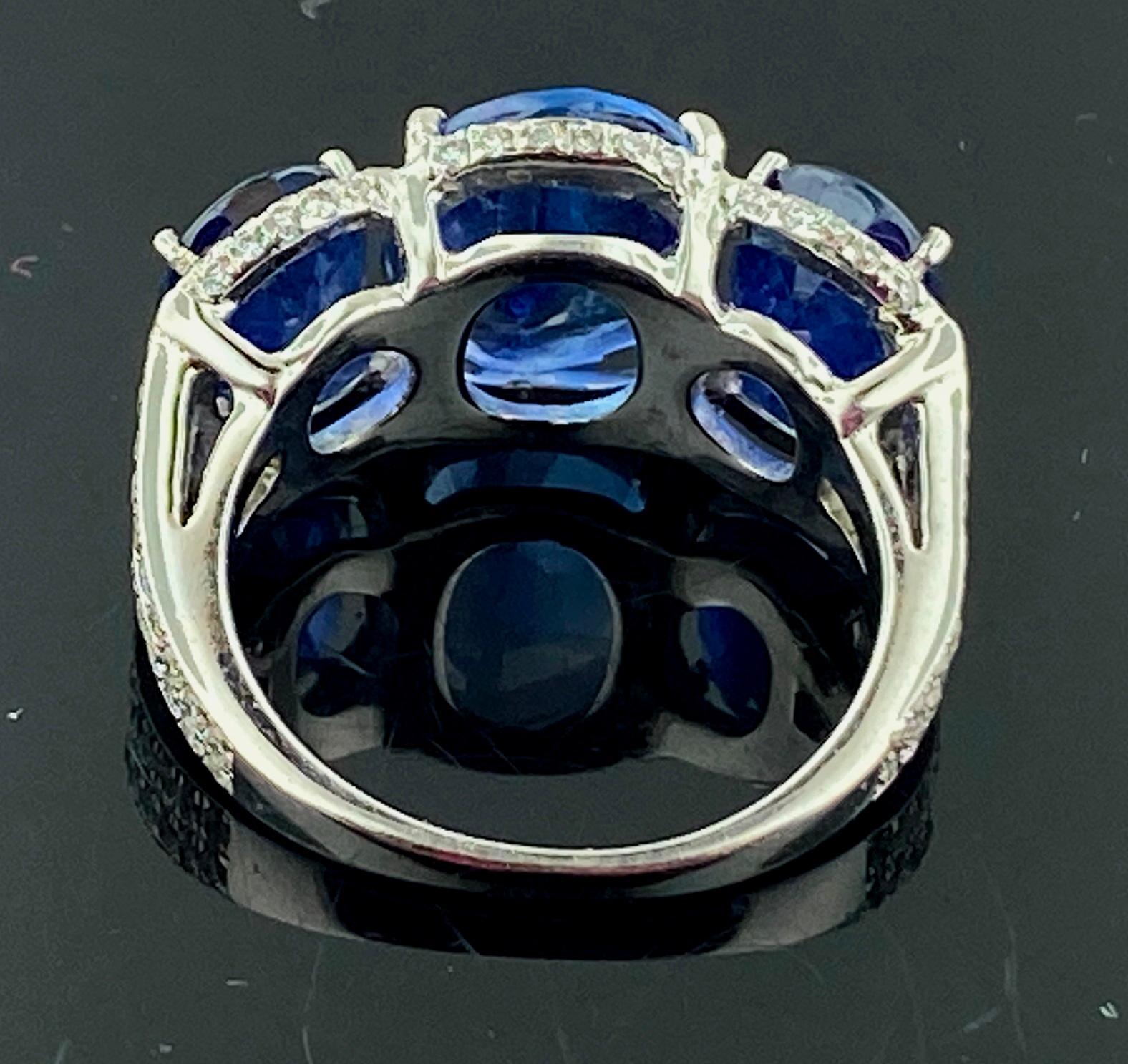 Platinum Ring with 3 Large Oval Cut Blue Sapphires and Diamonds 8