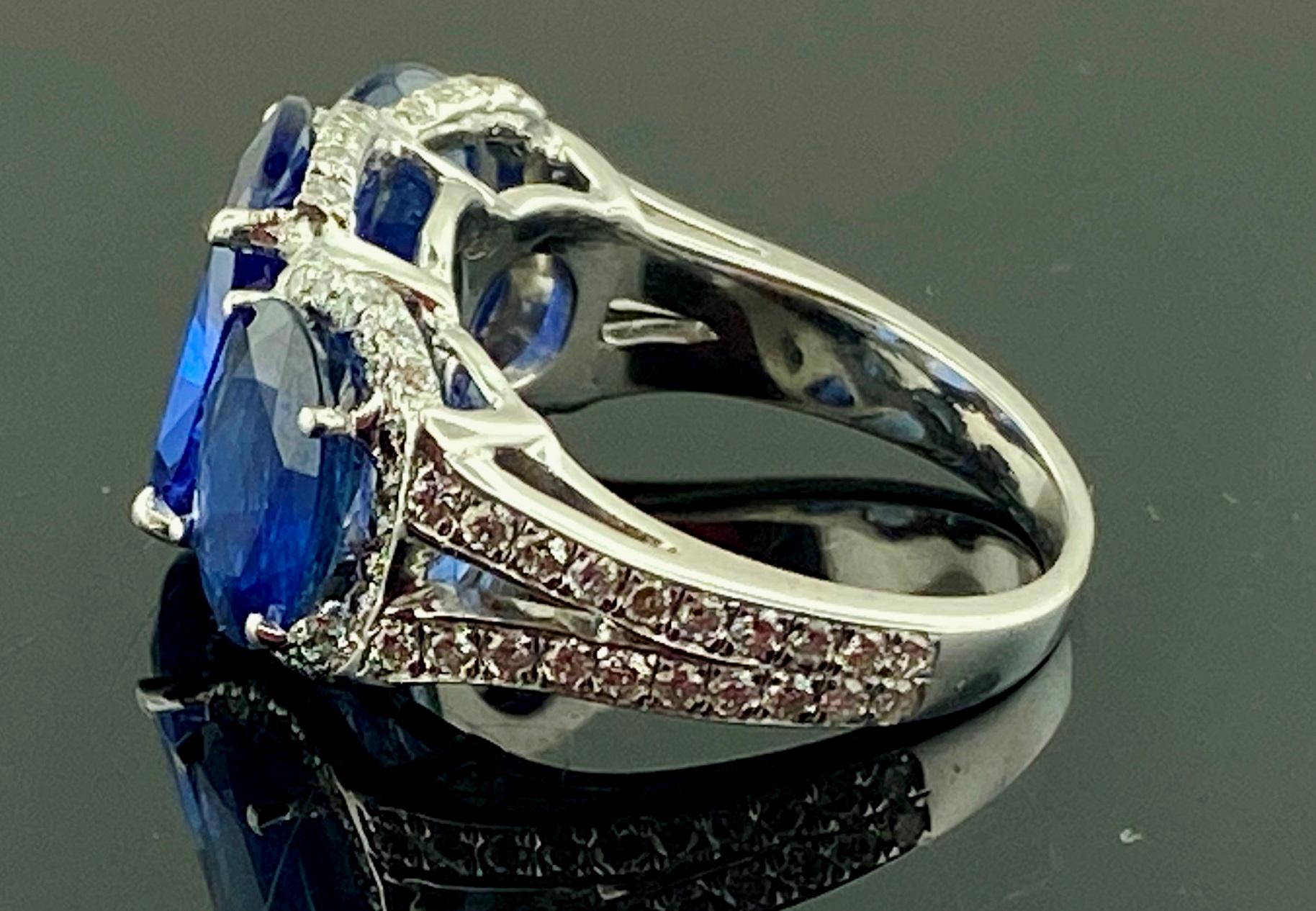 Platinum Ring with 3 Large Oval Cut Blue Sapphires and Diamonds 9
