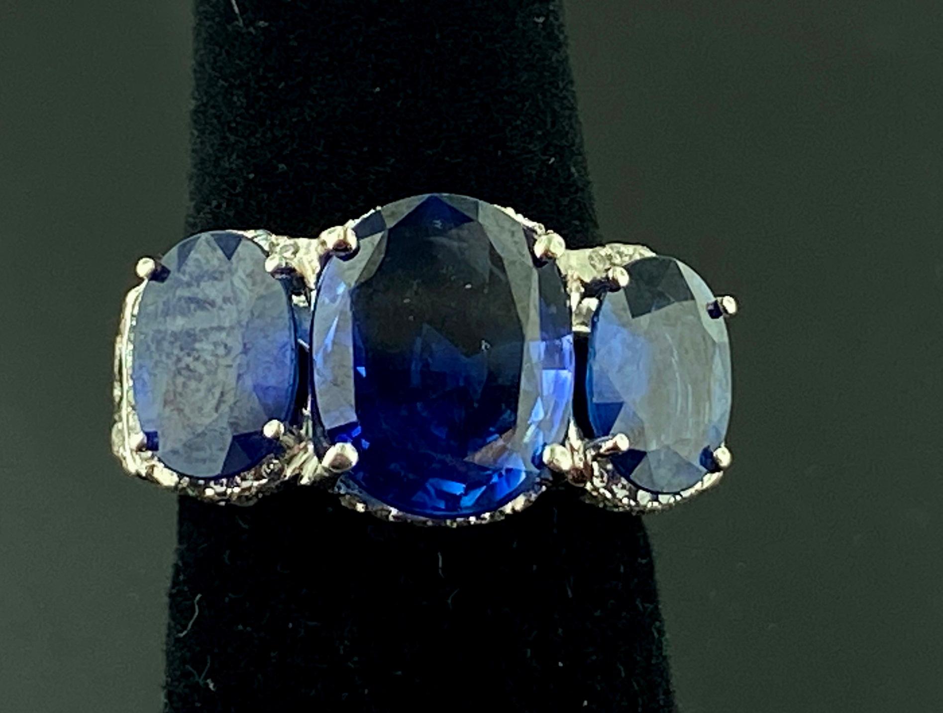 Platinum Ring with 3 Large Oval Cut Blue Sapphires and Diamonds 11