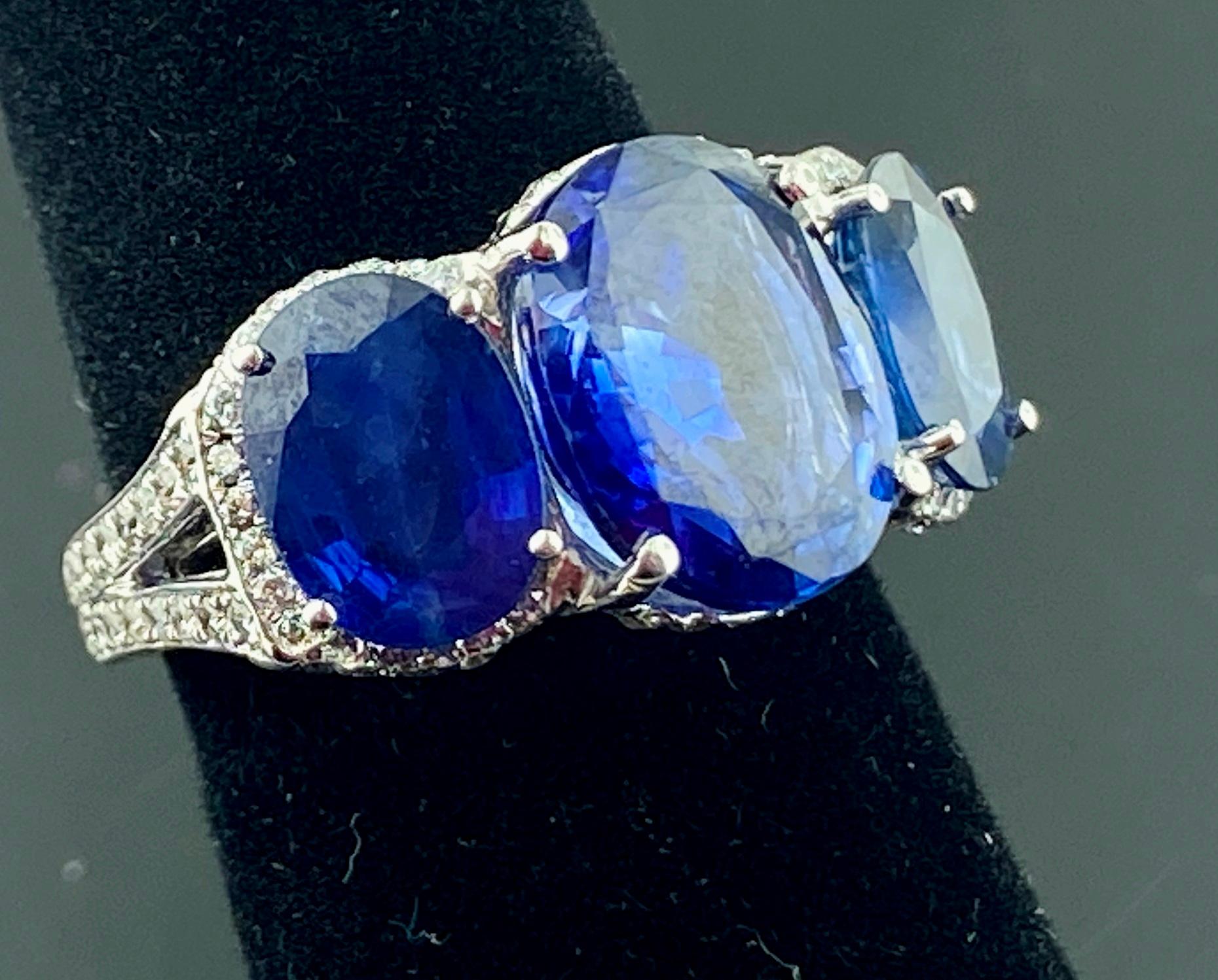 Platinum Ring with 3 Large Oval Cut Blue Sapphires and Diamonds 12