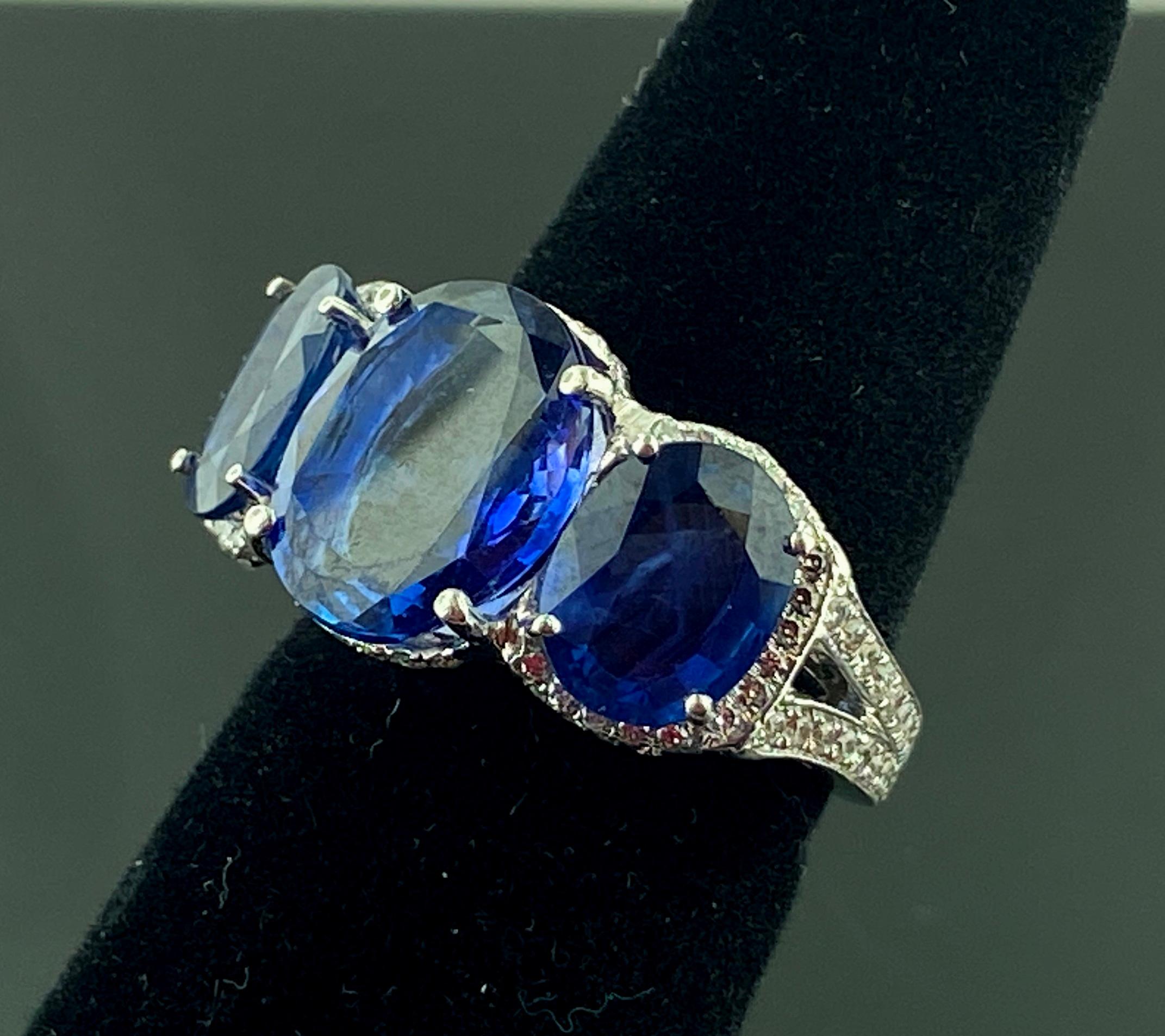 Platinum Ring with 3 Large Oval Cut Blue Sapphires and Diamonds 13