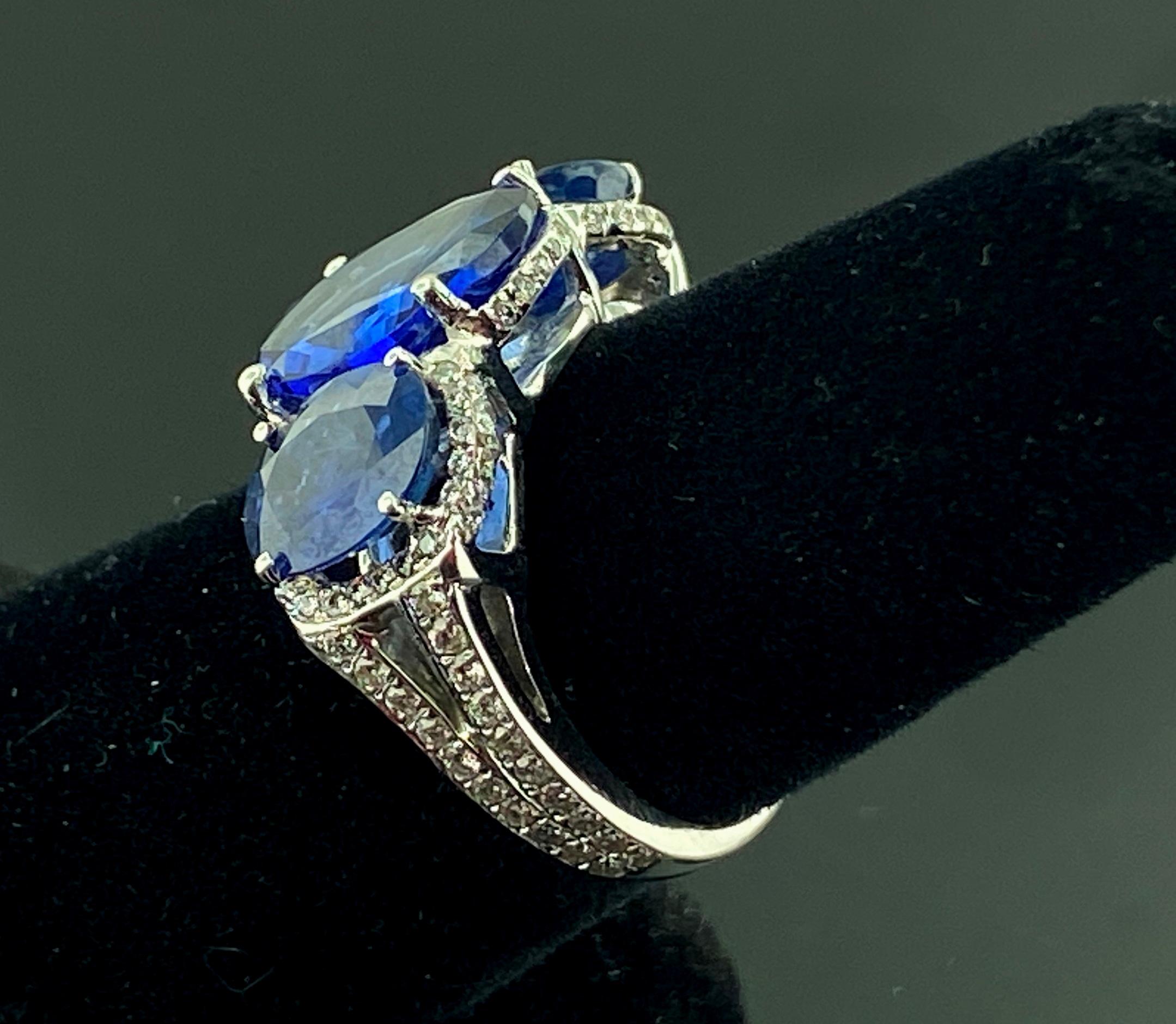 Platinum Ring with 3 Large Oval Cut Blue Sapphires and Diamonds 14