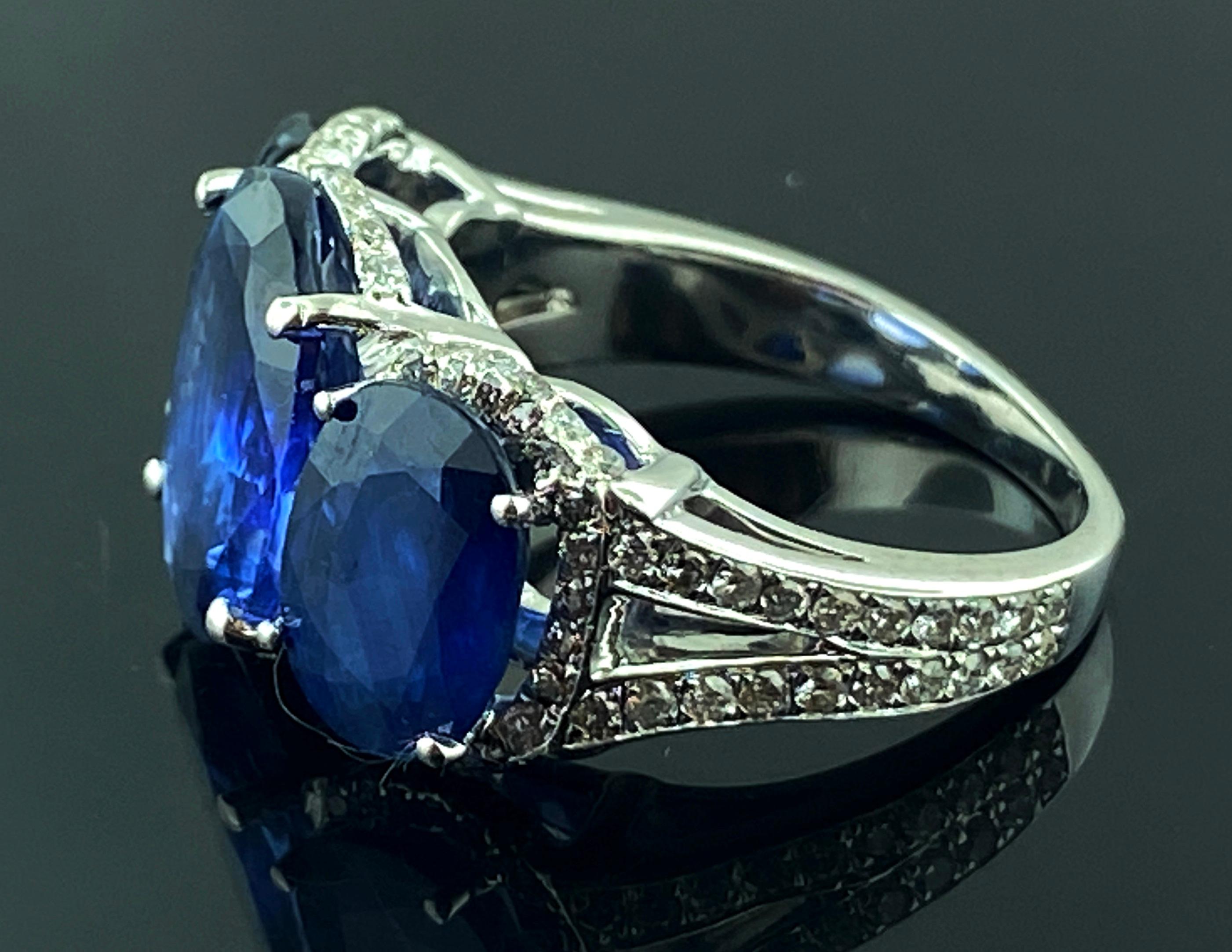 Women's or Men's Platinum Ring with 3 Large Oval Cut Blue Sapphires and Diamonds