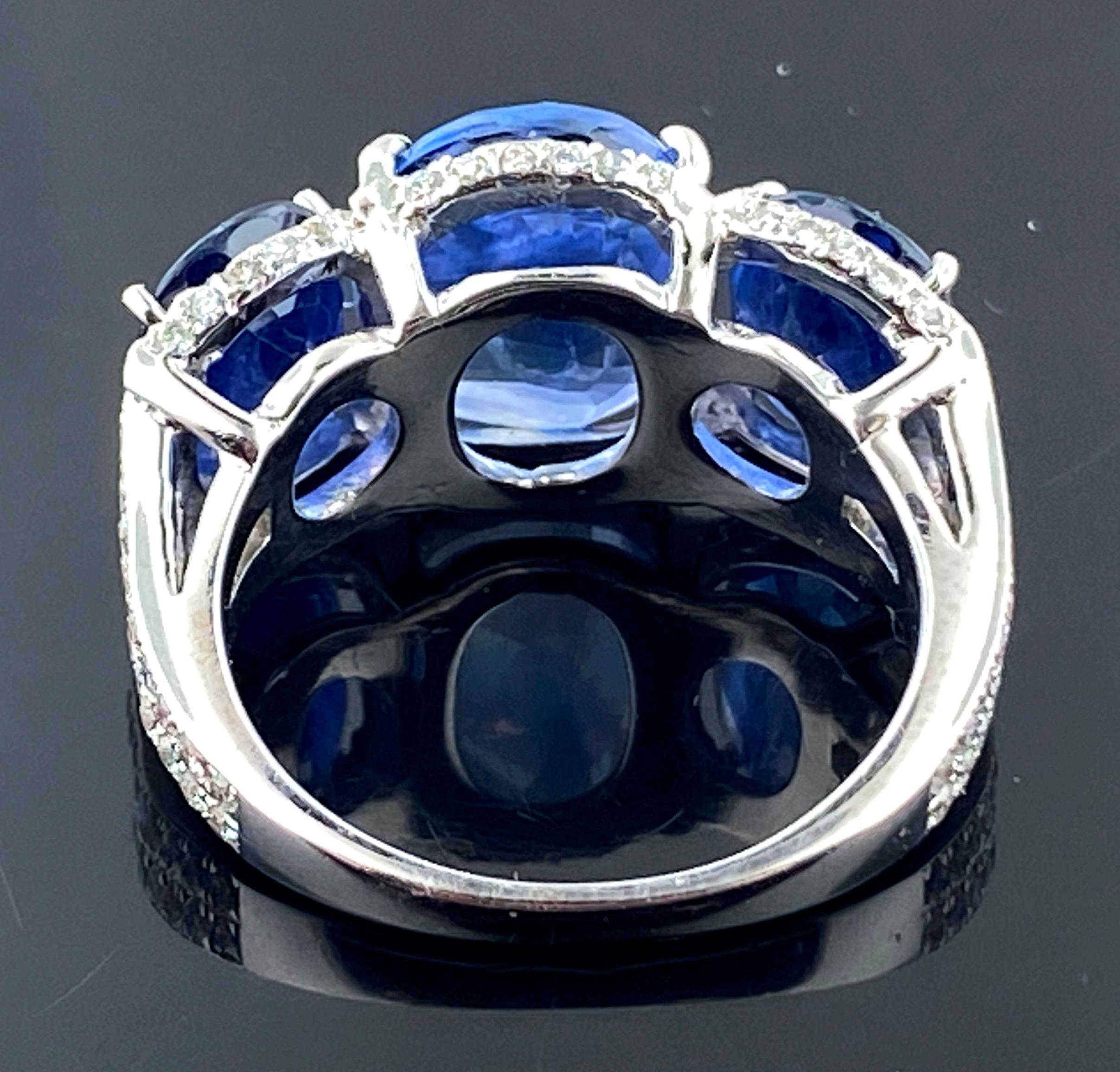 Platinum Ring with 3 Large Oval Cut Blue Sapphires and Diamonds 1