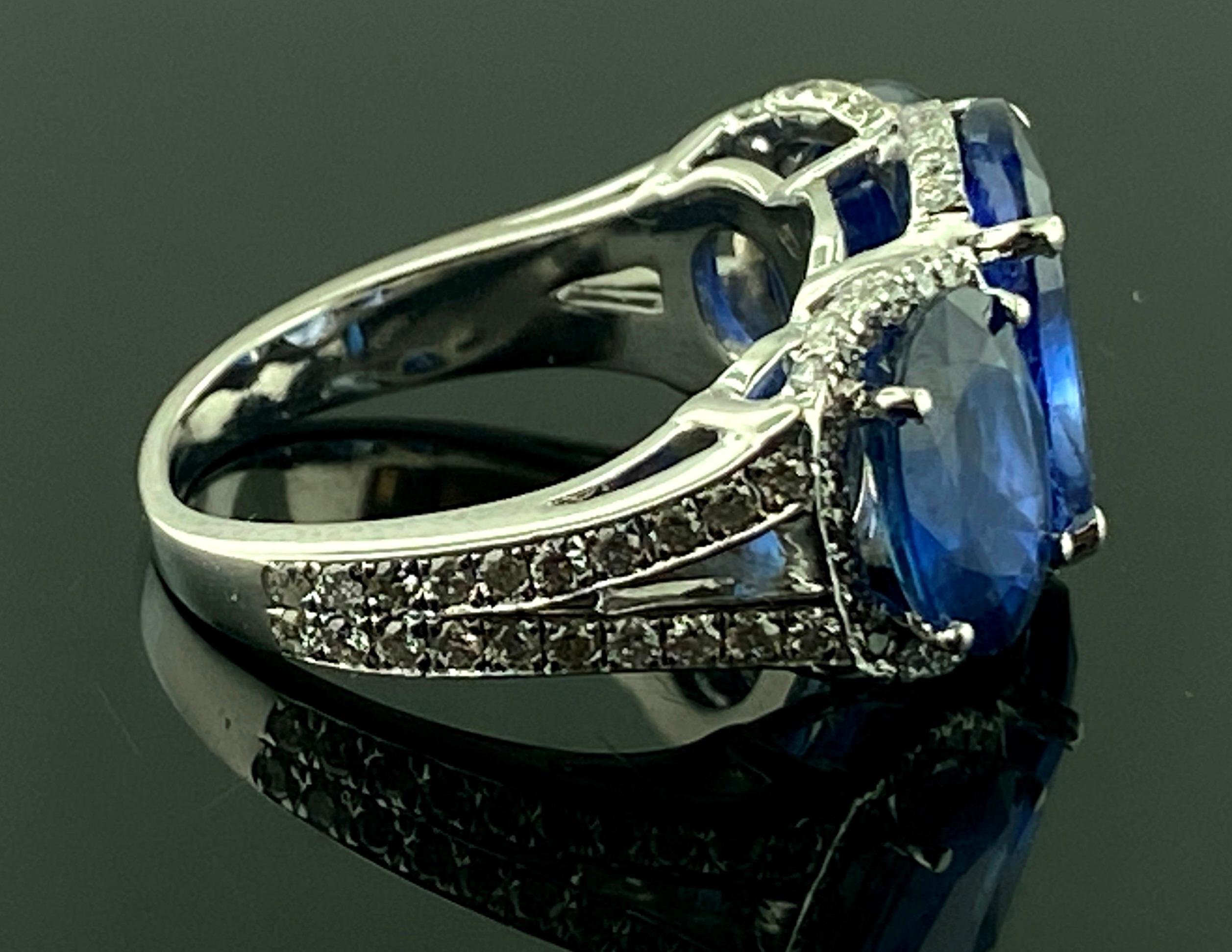 Platinum Ring with 3 Large Oval Cut Blue Sapphires and Diamonds 2