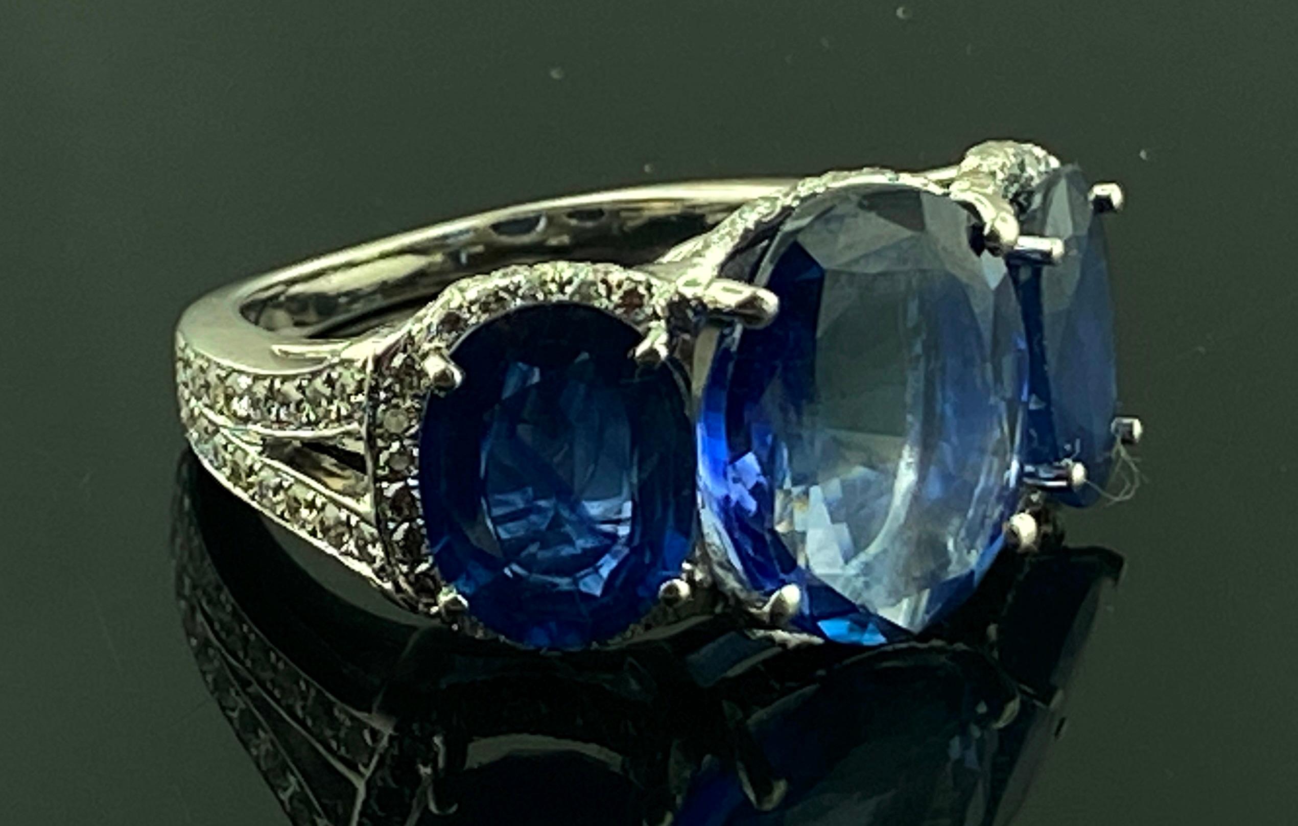 Platinum Ring with 3 Large Oval Cut Blue Sapphires and Diamonds 3