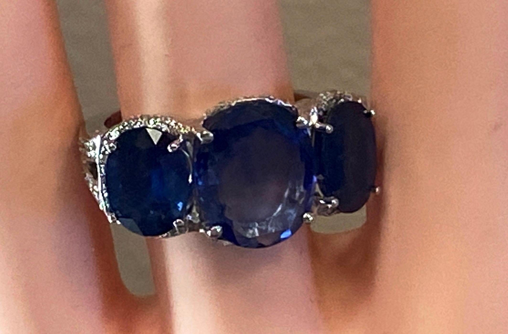 Platinum Ring with 3 Large Oval Cut Blue Sapphires and Diamonds 4