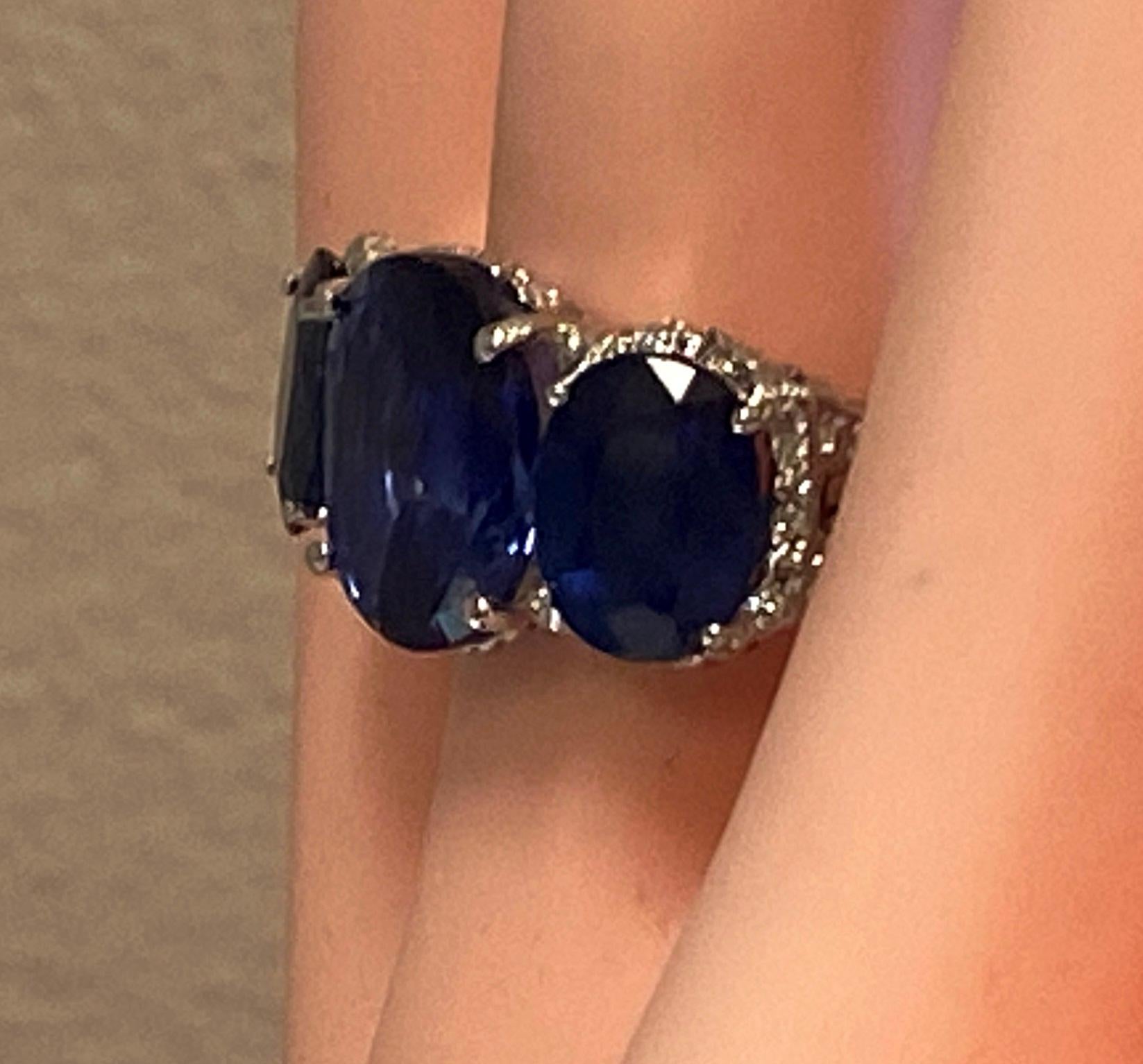 Platinum Ring with 3 Large Oval Cut Blue Sapphires and Diamonds 5