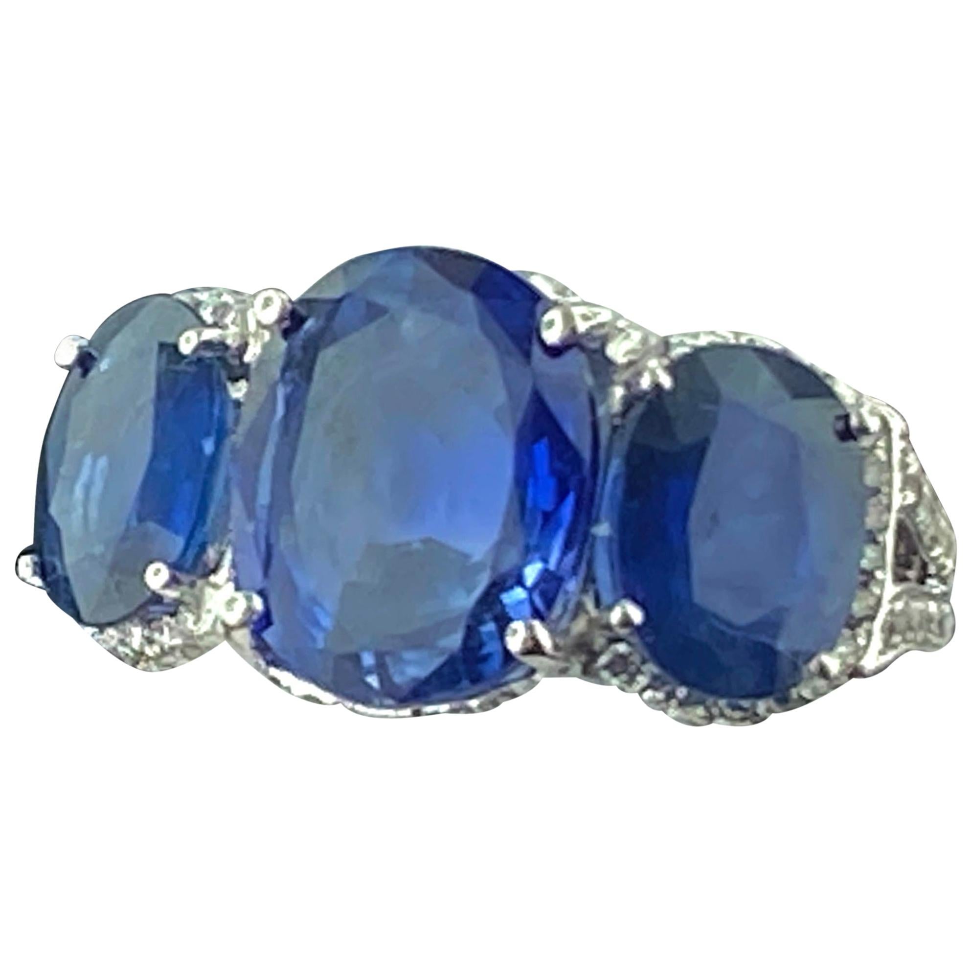 Platinum Ring with 3 Large Oval Cut Blue Sapphires and Diamonds