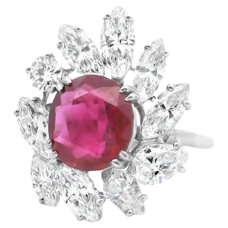 Platinum Ring with 3.27-Carat Ruby and Pear-Cut Diamonds For Sale