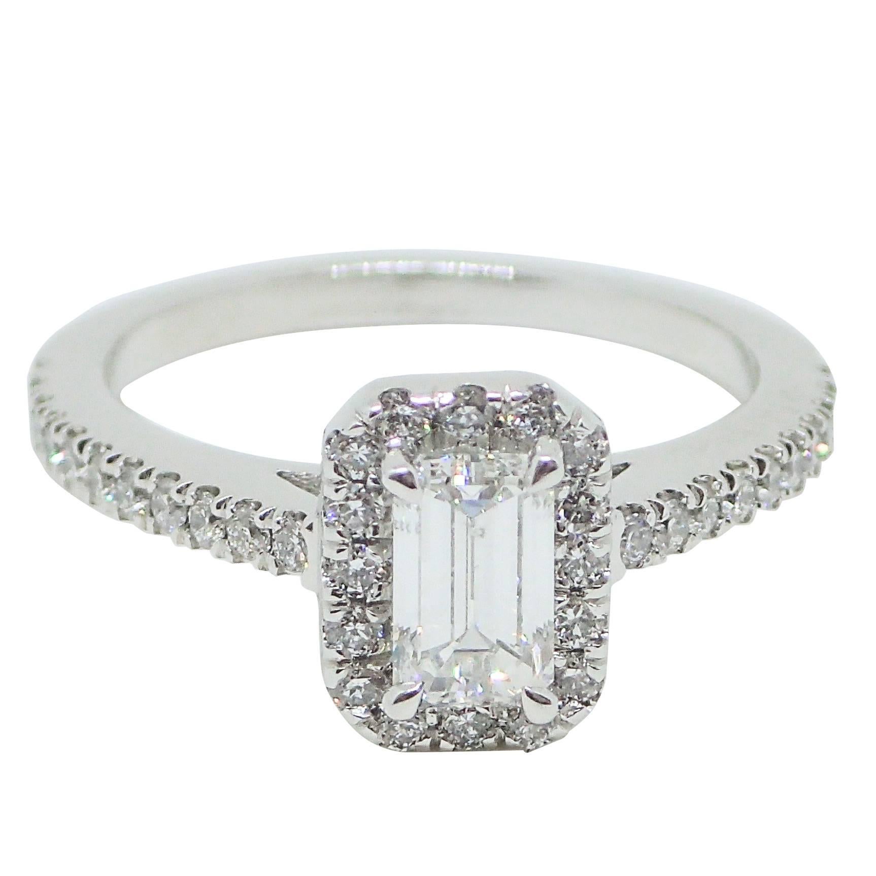 0.98 Carat - Platinum - Emerald Cut Diamond Engagement Halo Ring
