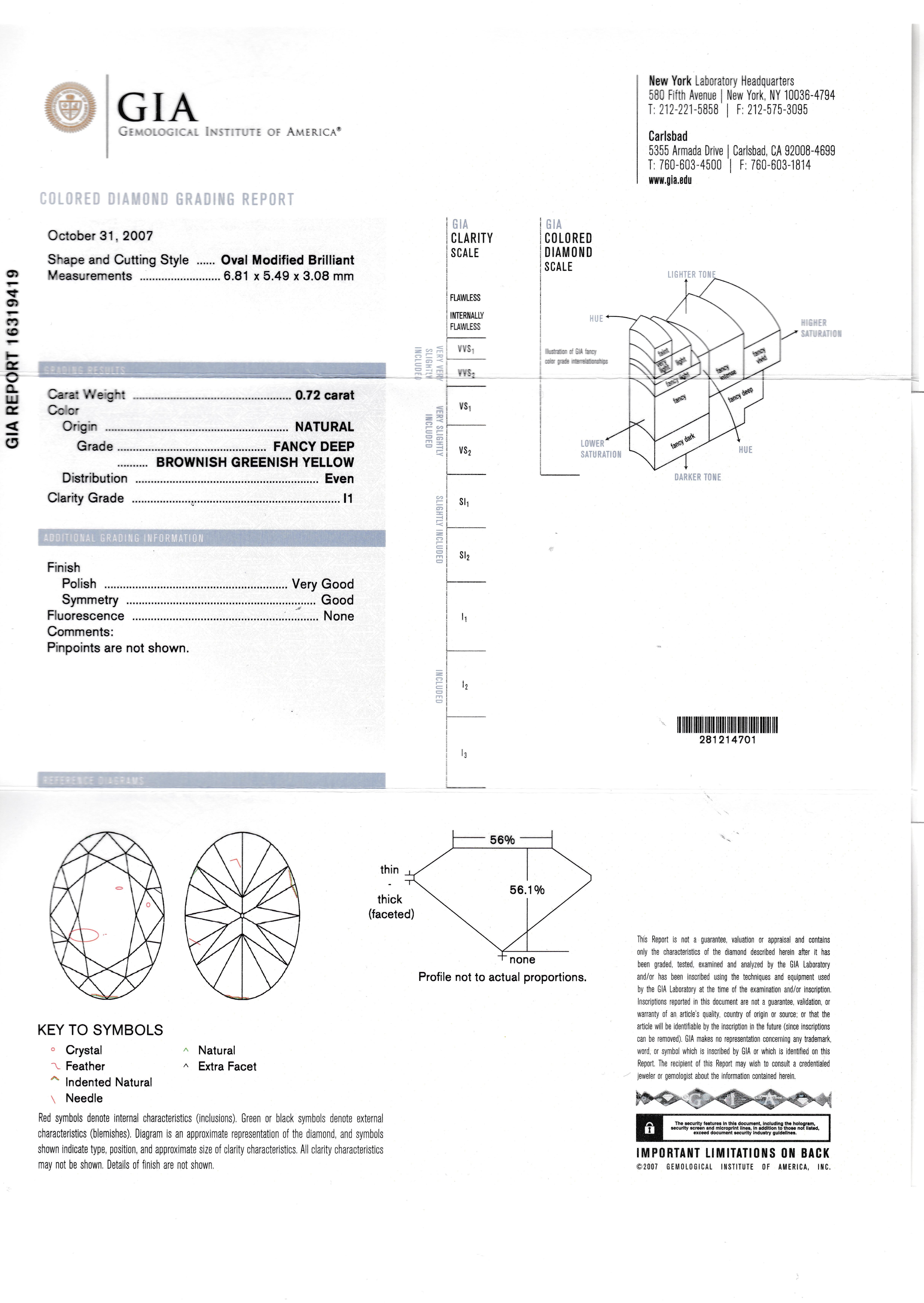 Platinum Ring with a Natural Color Oval Diamond, with GIA Report In New Condition For Sale In New York, NY