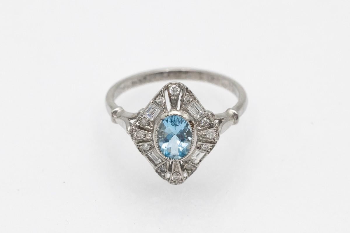 Platinum ring with aquamarine and diamonds In Good Condition In Chorzów, PL
