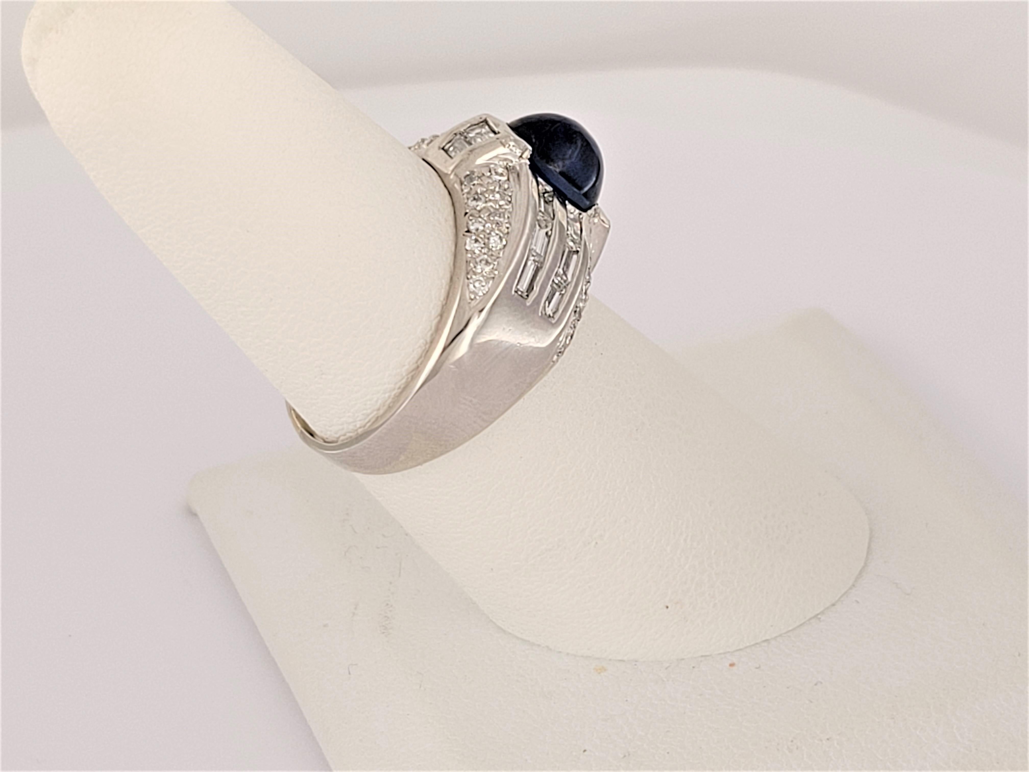 Oval Cut Platinum Ring with Cabochon Blue Sapphire Size 7 For Sale